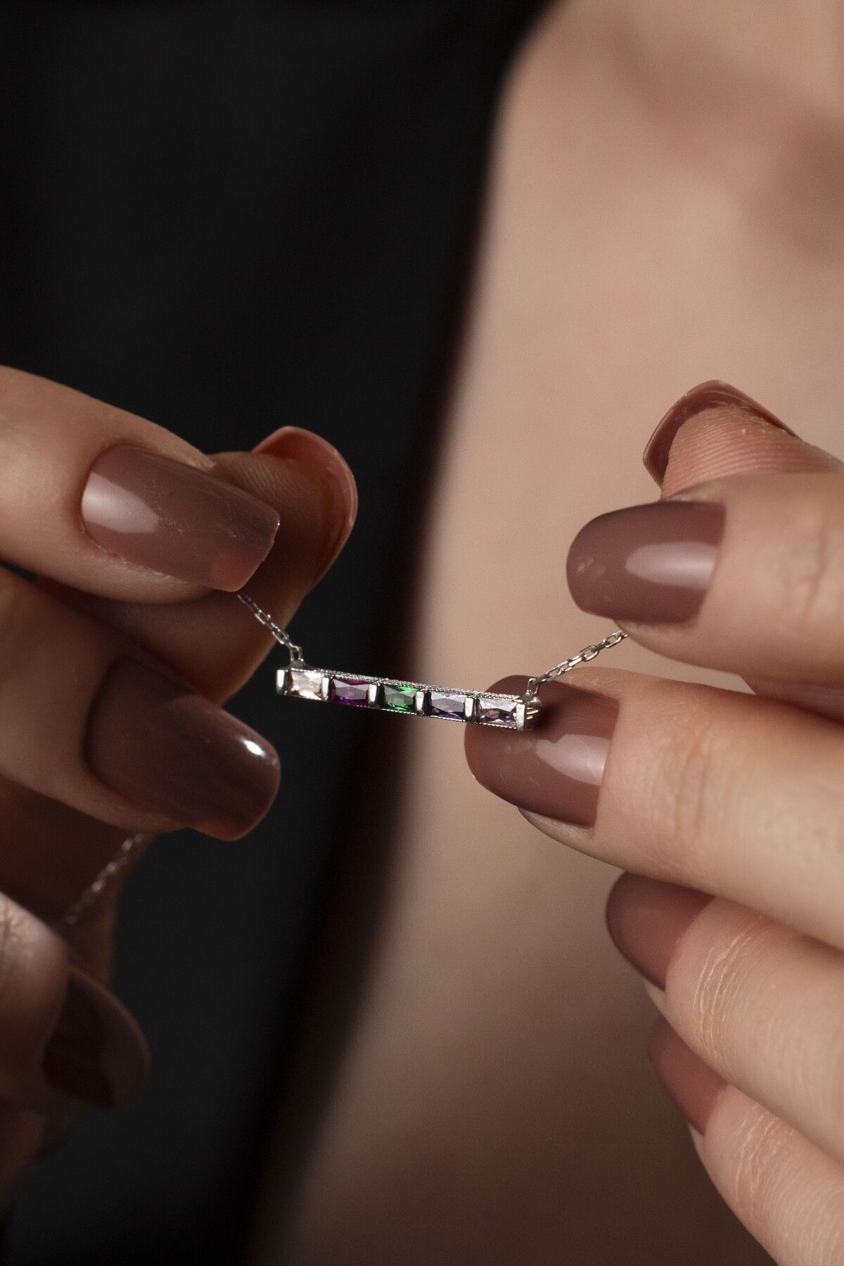 TigerxlJewellery 925 Ayar Gümüş Doğum Taşı Bar Kolye