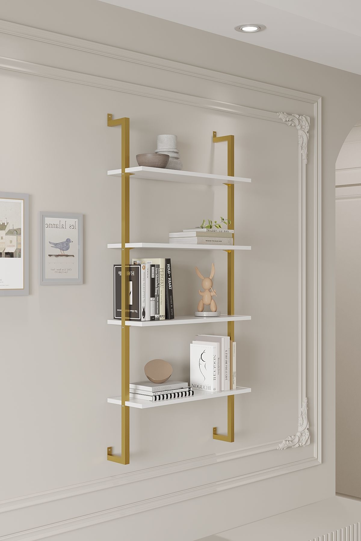 Euromob 4 Raflı Beyaz Kitaplık | Gold Profil | Dekoratif Duvar Rafı | 60x20 Ebatında Ahşap