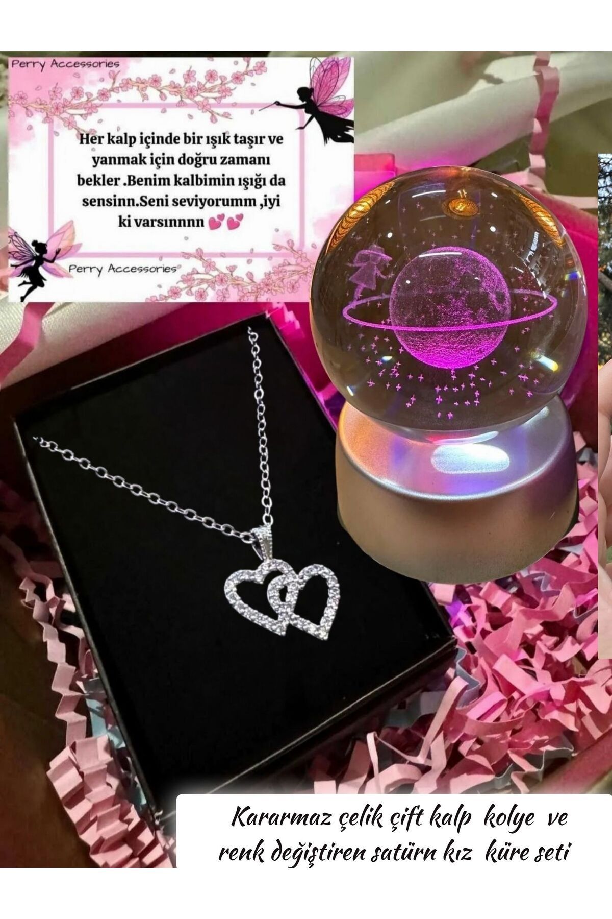 Perry Accesories kararmaz çelik çift kalp kolye iç içe geçen kalp kolye ve satürn kız küre seti konsept sevgiliye