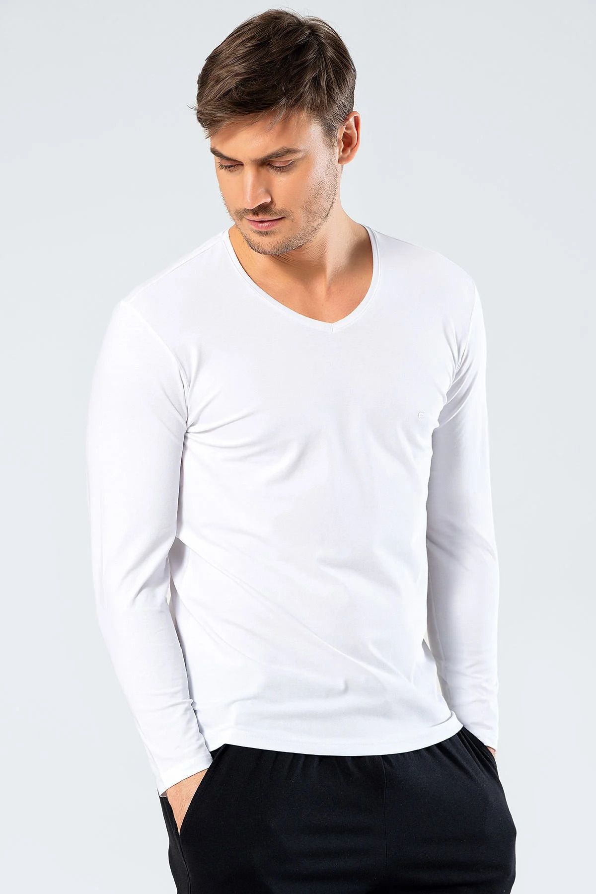 Cacharel Erkek T-Shirt, Pamuklu & Likralı, Uzun Kollu, V Yaka