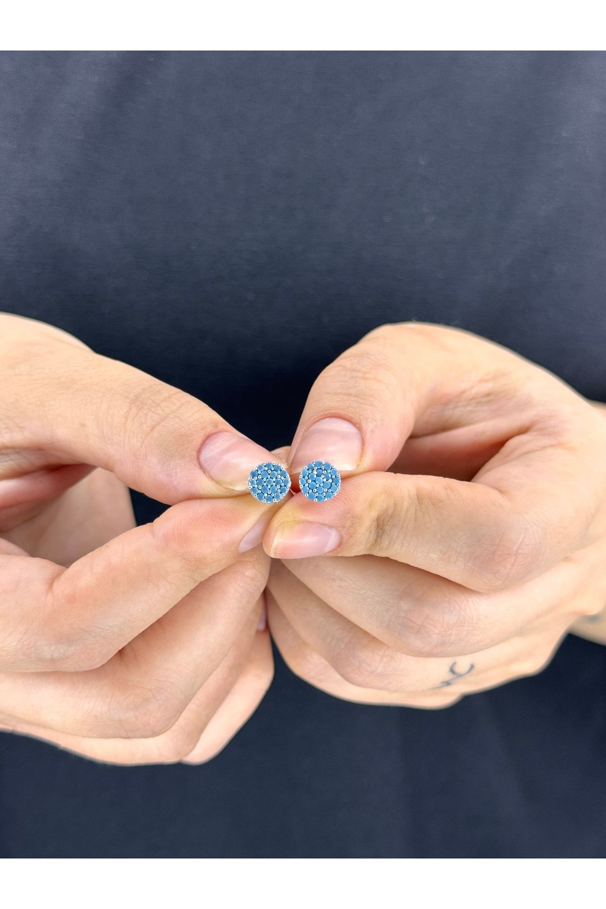 Azra Silver&Aksesuar 925 Ayar Yuvarlak Firuze Taşlı Model Gümüş Küpe