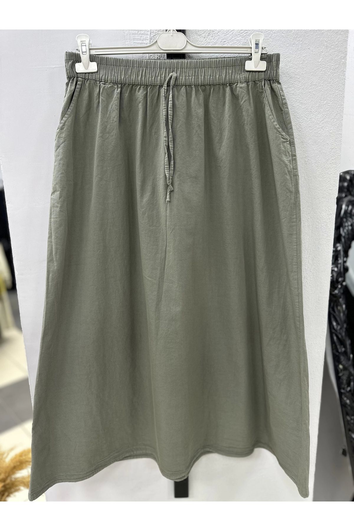 Nevayla Moda Keten Kumaş Paraşüt Etek - Haki / A102