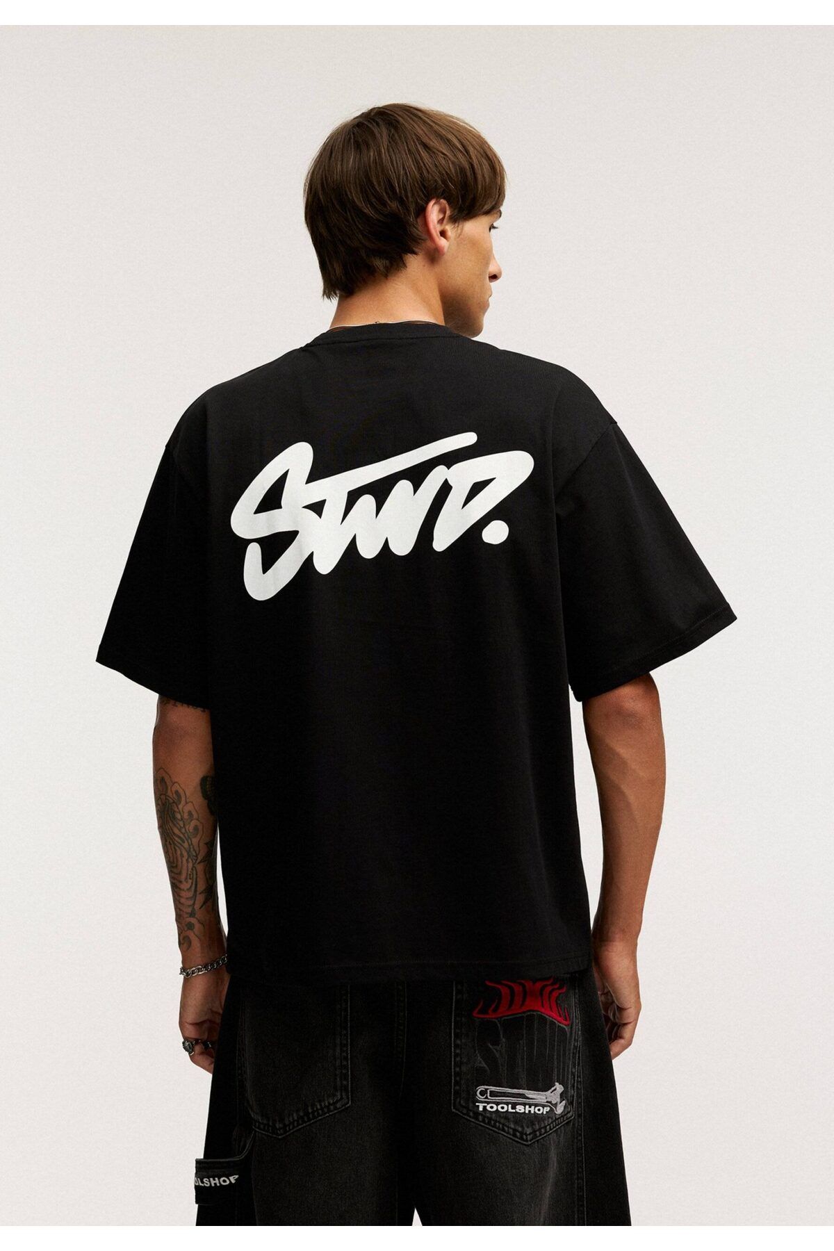 ELNOYA Unisex Pamuklu Siyah Oversize "STWD" Baskılı Bisiklet Yaka Rahat T-shirt