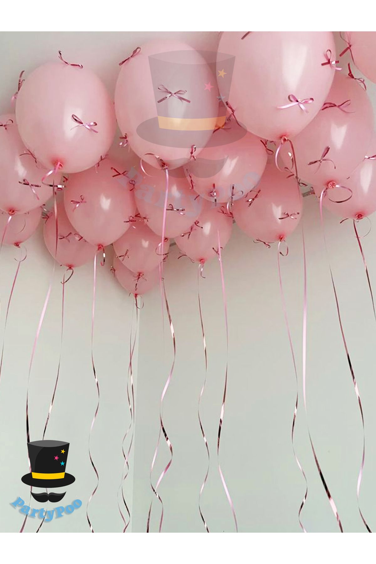 PartyPoo Pembe Fiyonk Kurdeleli Pembe Balon Seti 10'lu | Doğum Günü Fiyonklu Balon , Kurdeleli Balon