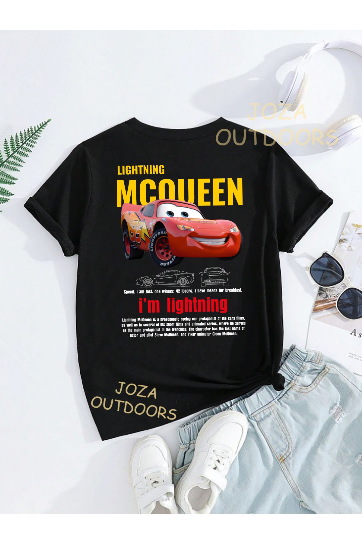 Jobia Outdoors Unisex Kız ve Erkek Mcqueen & Sally Tasarım SIRT Baskılı Renkli Çocuk Tekli T-shirt