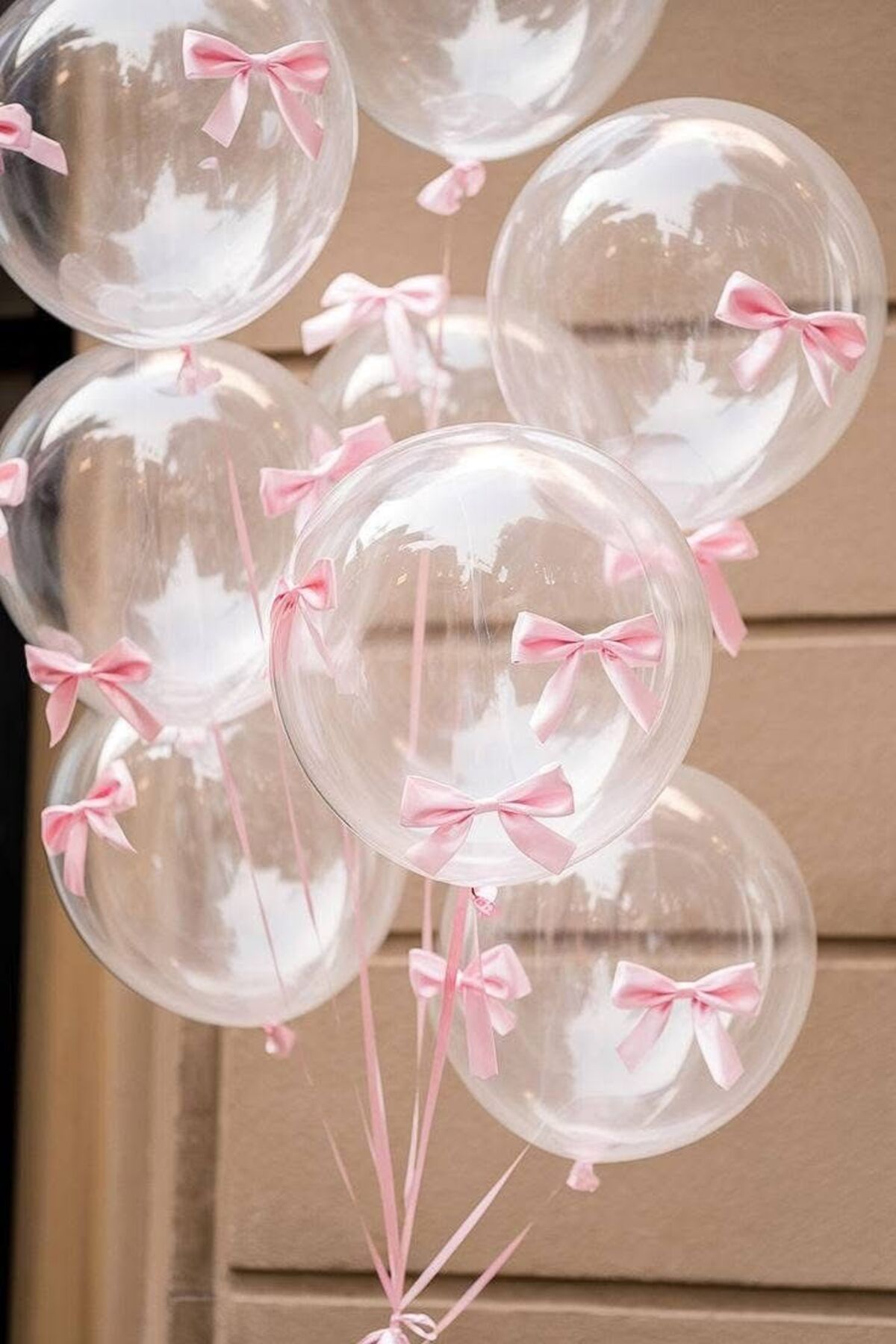 PartyPoo Pembe Fiyonk Kurdeleli Şeffaf Balon Seti 10'lu Doğum Günü Fiyonklu Balon , Kurdeleli Balon