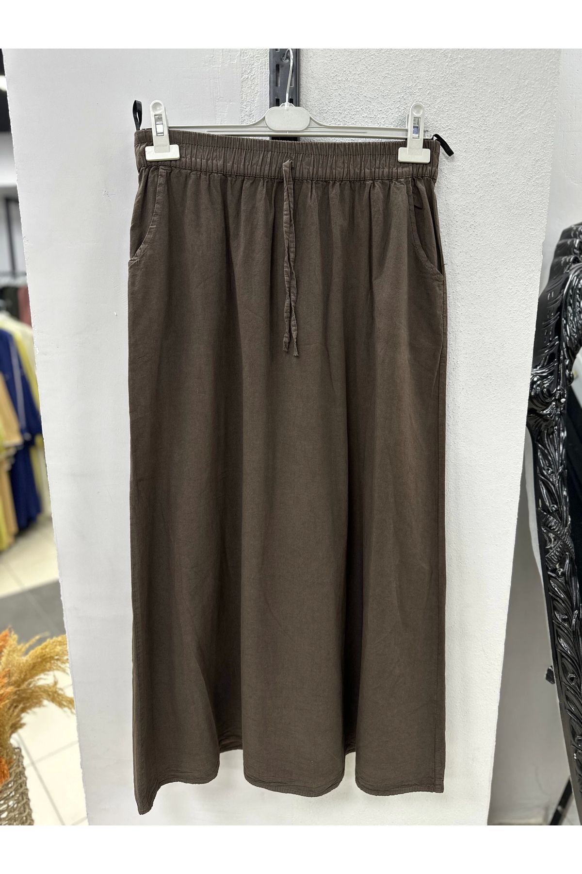 Nevayla Moda Keten Kumaş Paraşüt Etek - Kahve / A102