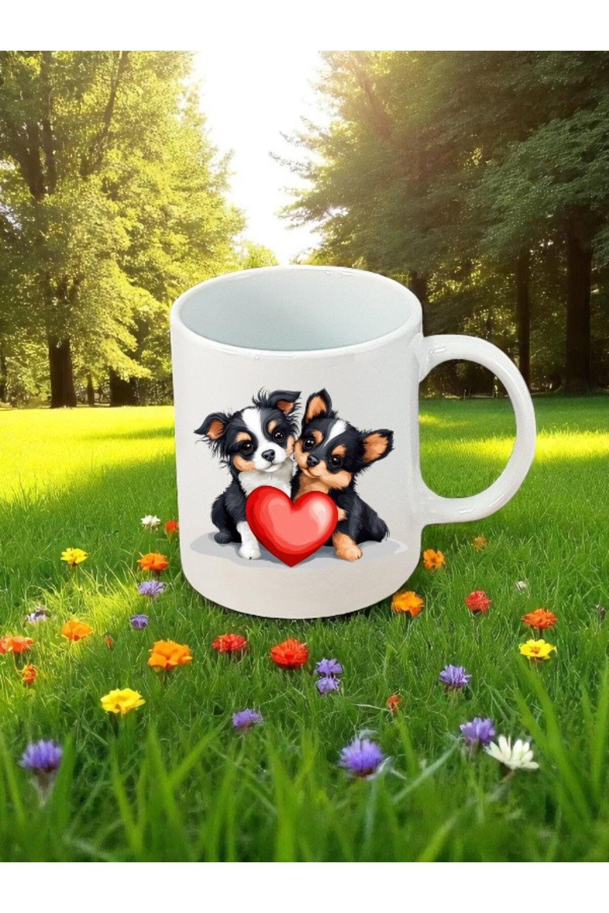 lili hediyelik Köpekler ve Kalp Teması Baskılı Beyaz Kupa Bardak