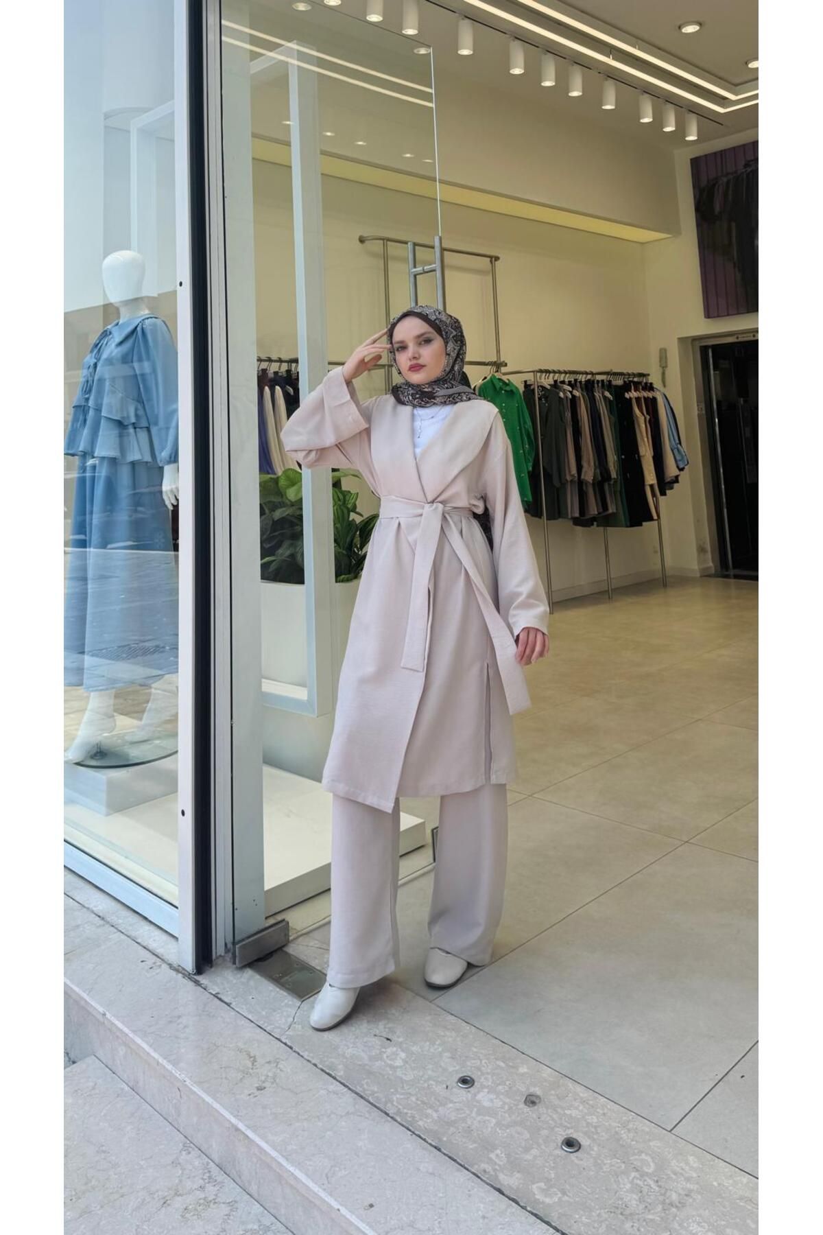 Vent Kadın Tesettür Kimono Pantolon Takım – Ceket Yaka Kuşaklı Yazlık Takım | Pamuklu Keten Kumaş