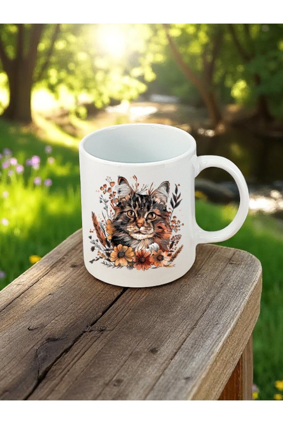 lili hediyelik Çiçekler ve Kedi Baskılı Beyaz Kupa Bardak