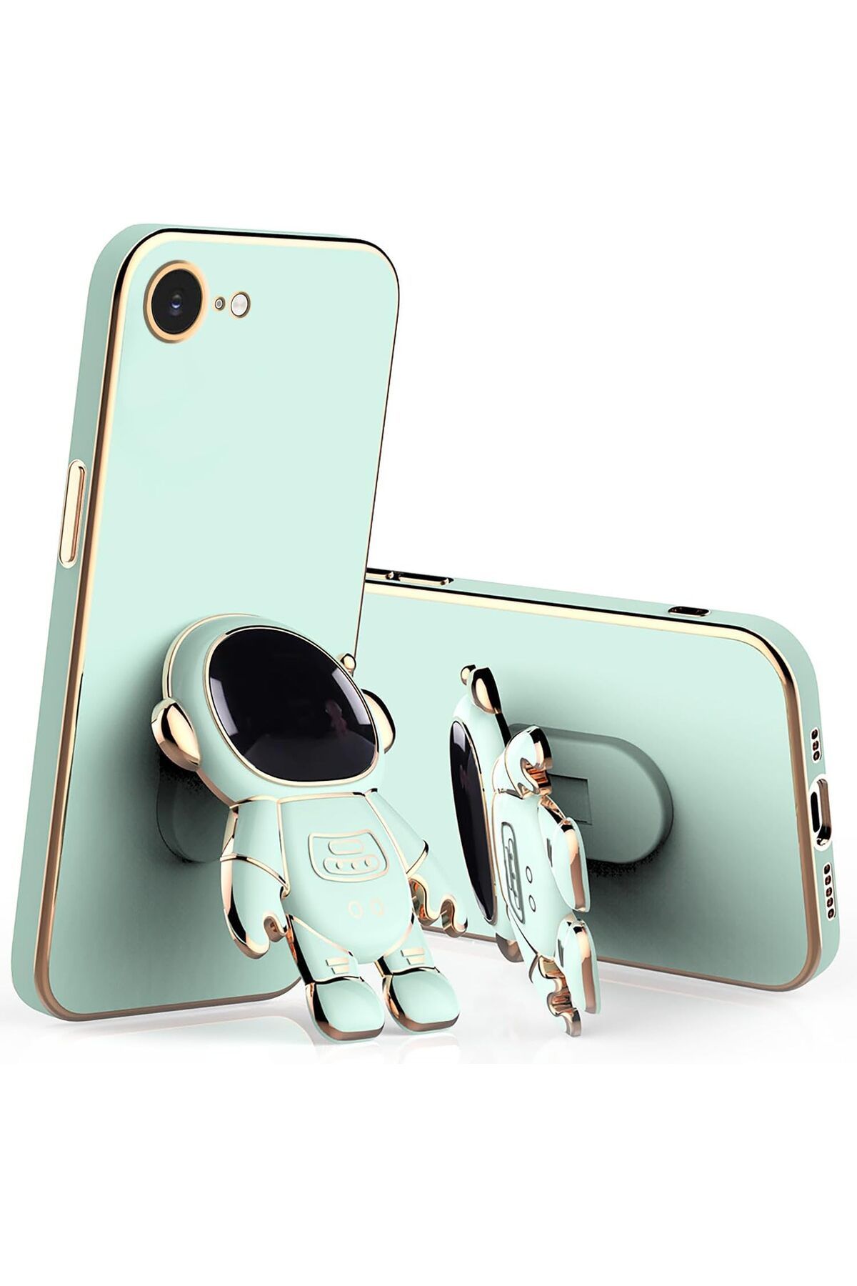 Rivor Apple iPhone 16e Kılıf Parlak Kenarlı Altın İşleme Astronot Figürlü Standlı Kamera Korumalı Kapak