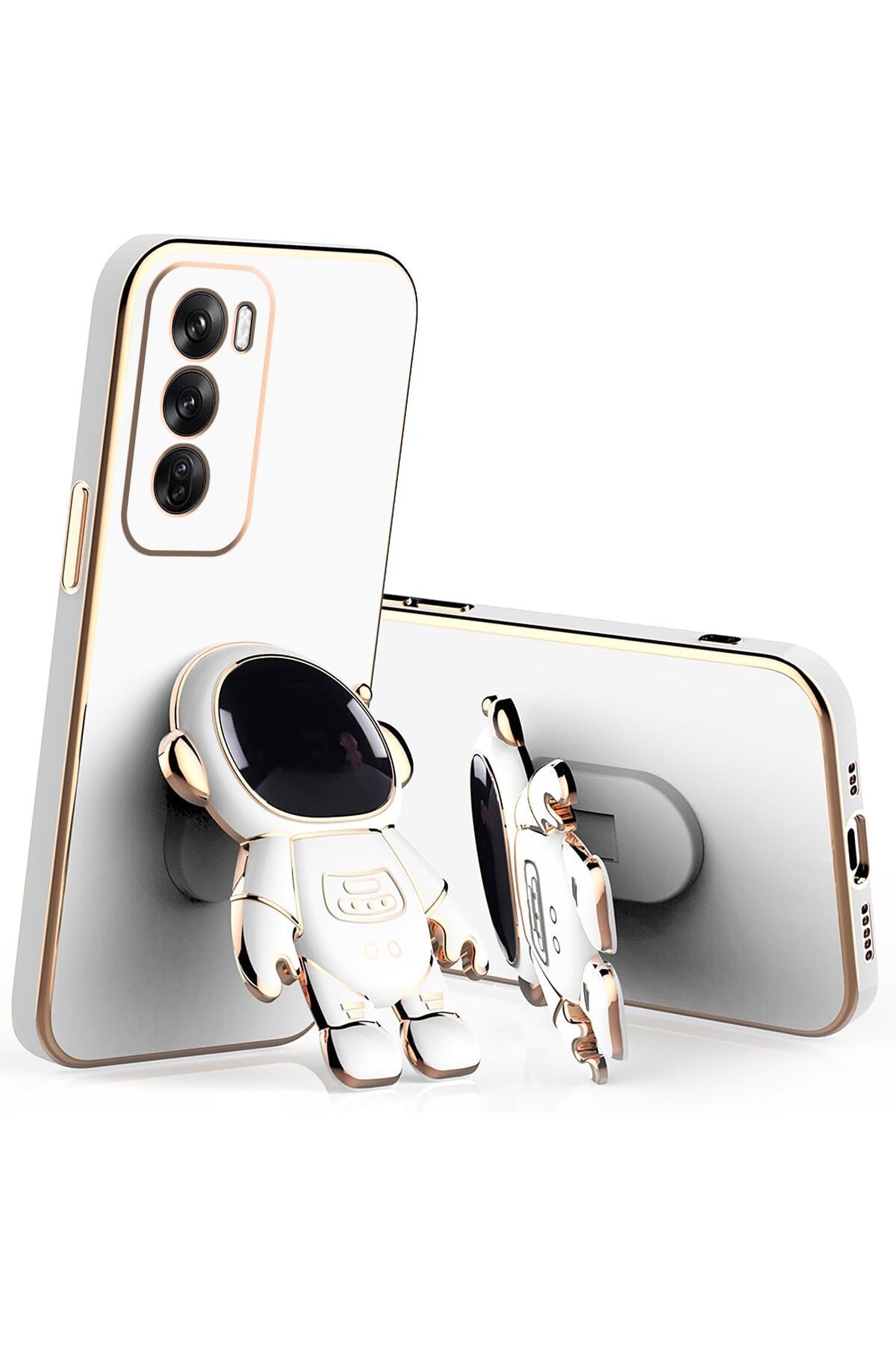 Rivor Realme C75 Uyumlu Kılıf Parlak Kenarlı Altın İşleme Astronot Figürlü Standlı Kamera Korumalı Kapak