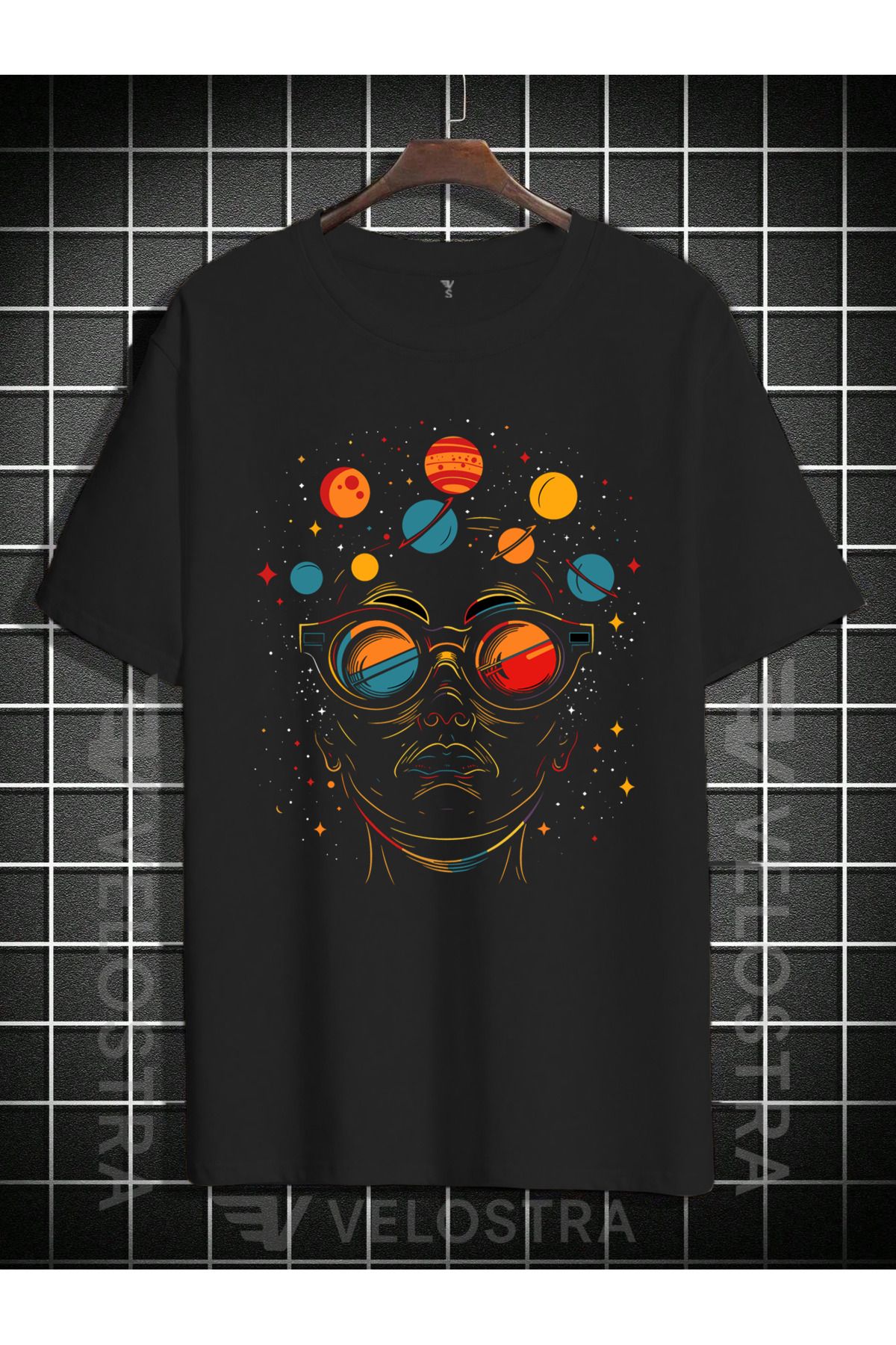 Velostra Unisex Gezegenler ve Silüet Baskı Oversize T-shirt