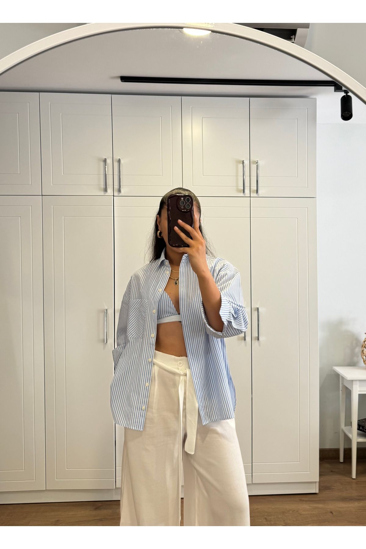 Güneş Kadın Mavi Çizgili Oversize Gömlek & Bralet Takım