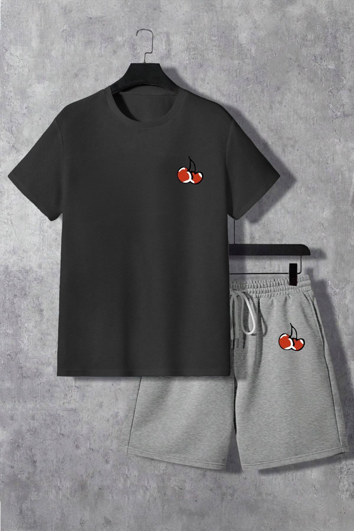 Boi Kiraz Desen T-Shirt Şort - Siyah Gri Şortlu Tişört Alt Üst Takım Baskılı Bisiklet Yaka
