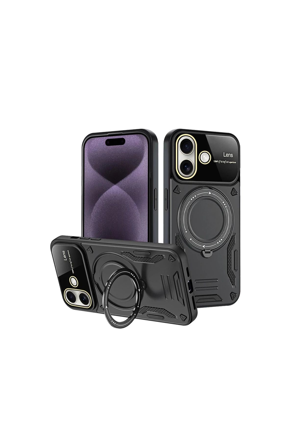 Toptan Bulurum iPhone 16 Kılıf Joy Lens Standlı Kapak - Siyah