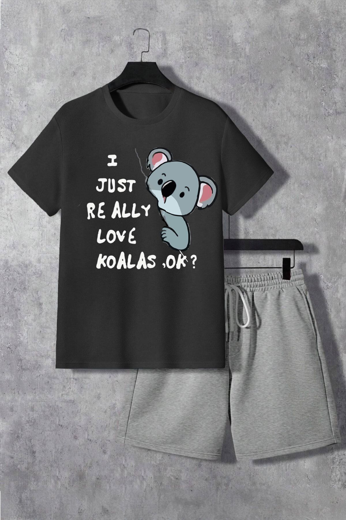 Boi Koala T-Shirt Şort - Siyah Gri Şortlu Tişört Alt Üst Takım Baskılı Bisiklet Yaka