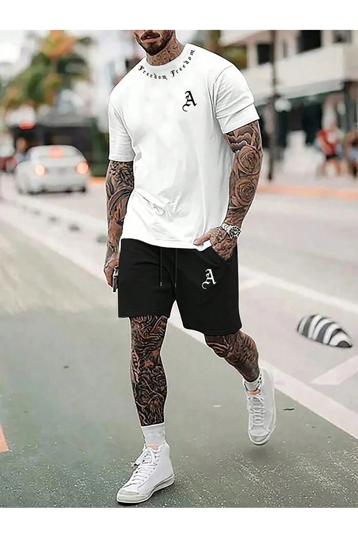 Boi A Logo T-shirt Şort - Beyaz Siyah Şortlu Tişört Alt Üst Takım Baskılı Bisiklet Yaka