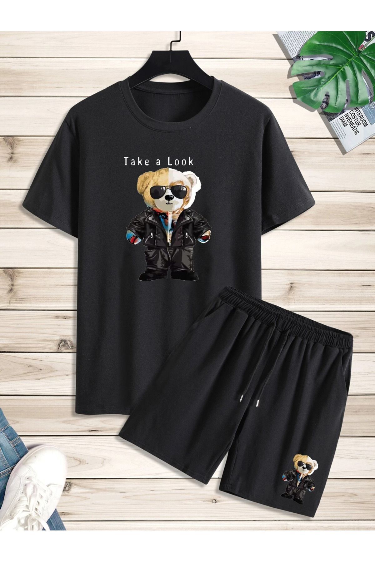 Boi Take A Look Bear T-shirt Şort Kombin Takım 2 Parça- Siyah, Baskılı, Oversize, Bisiklet Yaka