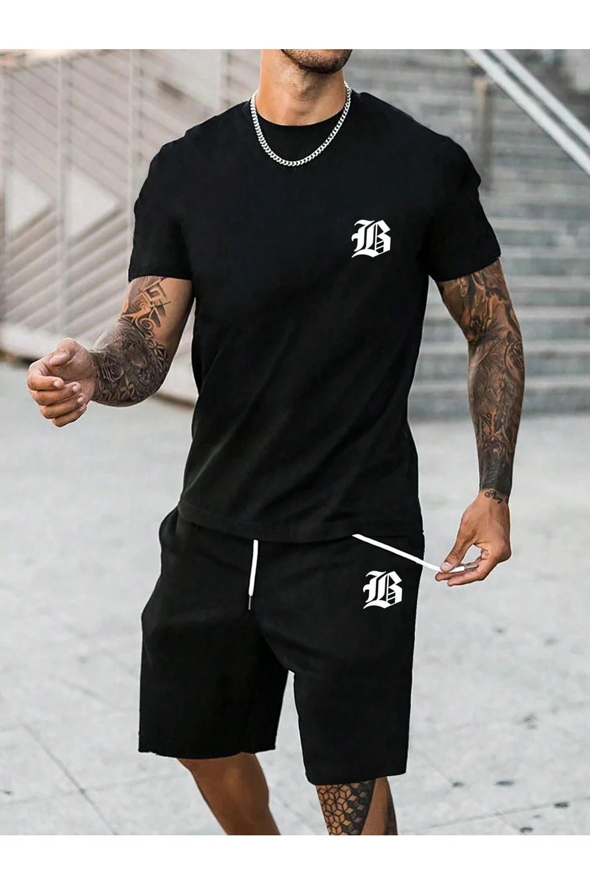 Boi B Logo T-Shirt Şort - Siyah Şortlu Tişört Alt Üst Takım Baskılı Bisiklet Yaka