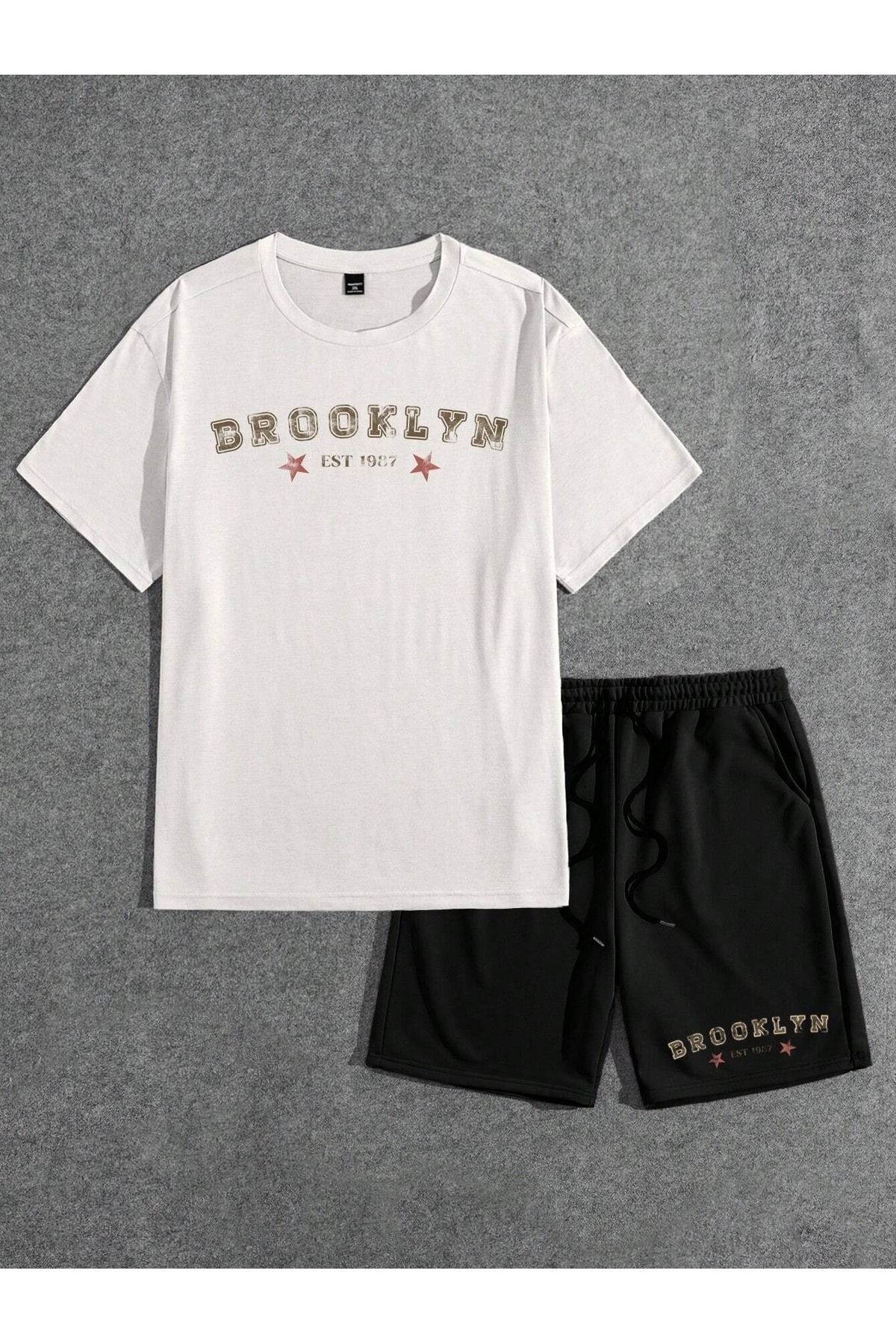 Boi Brooklyn 1987 T-Shirt Şort - Beyaz Siyah Şortlu Tişört Alt Üst Takım Baskılı Bisiklet Yaka