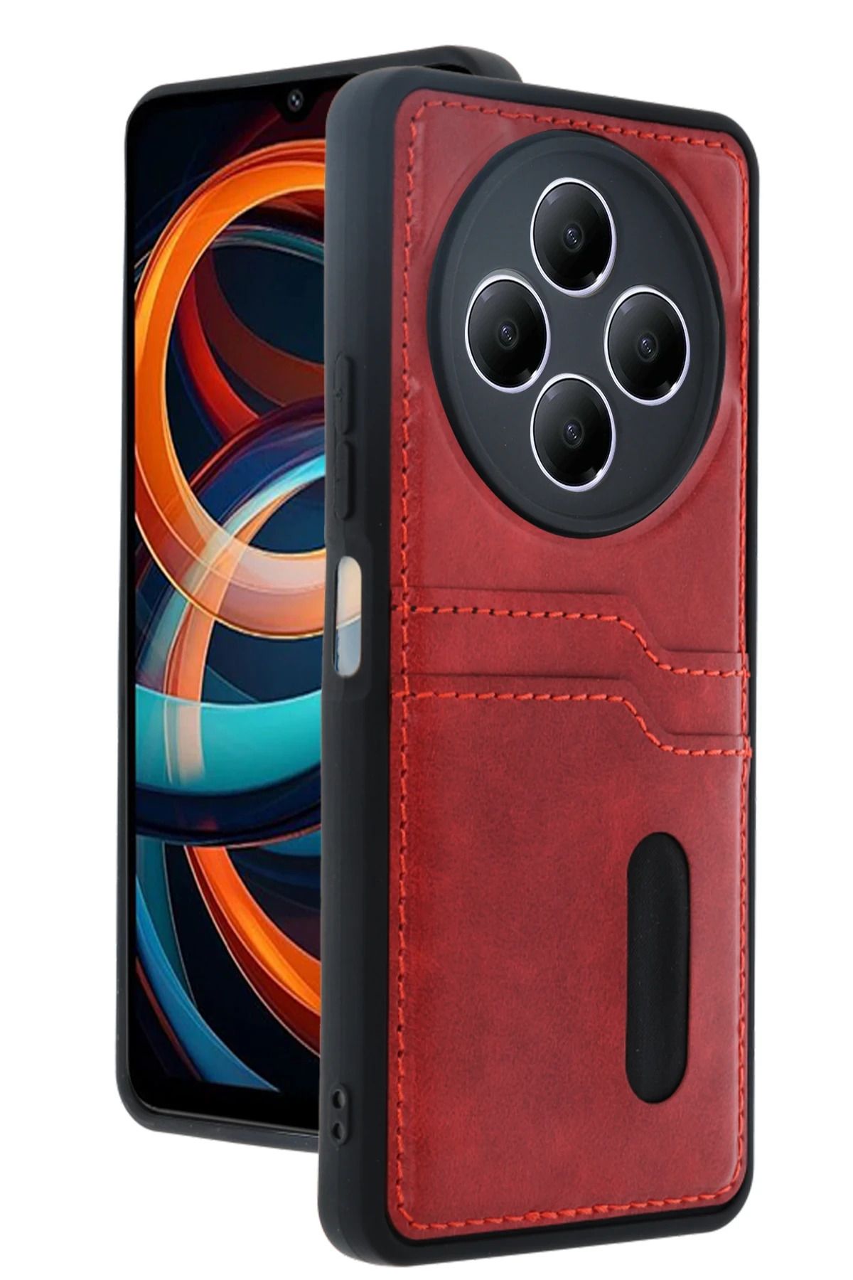 CepteToptan Xiaomi Redmi 14C Kılıf Sara Kartvizitli Deri Kılıf - Kırmızı