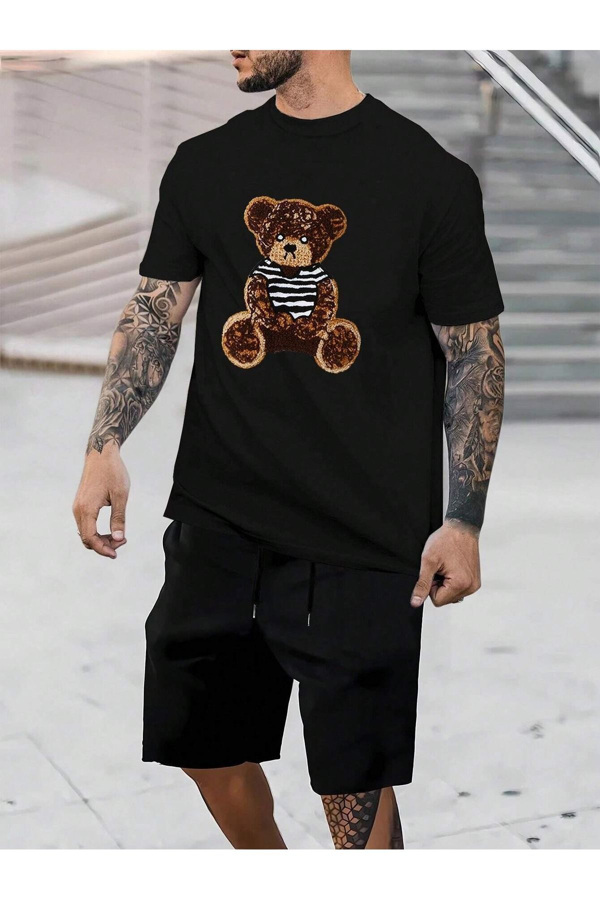 Boi Üzgün Ayı T-Shirt Şort - Siyah Şortlu Tişört Alt Üst Takım Baskılı Bisiklet Yaka