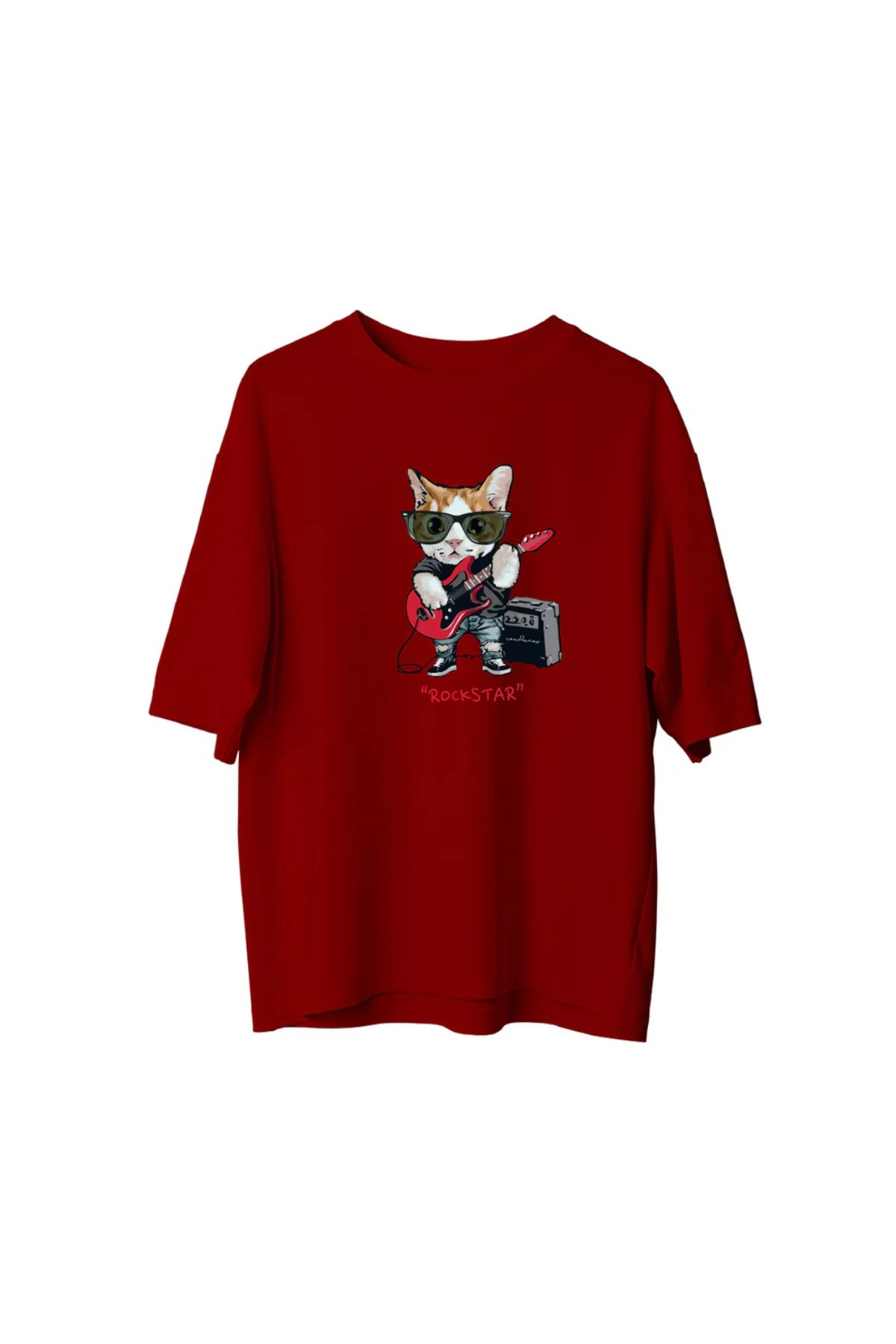 Koklonmoda Unisex Gitarist Kedi Baskılı Oversize T-Shirt