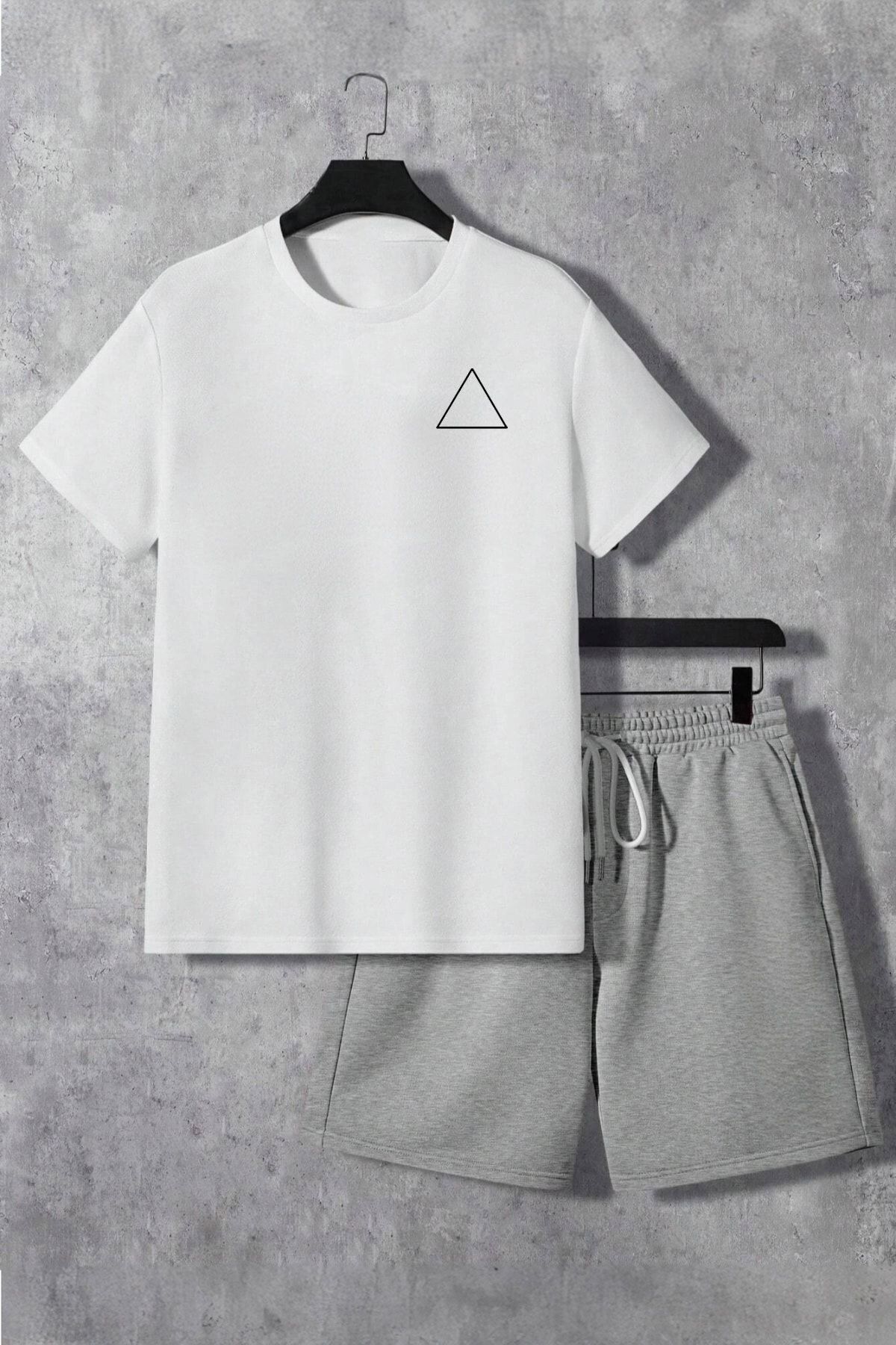 Boi Üçgen Logo T-Shirt Şort - Beyaz Gri Şortlu Tişört Alt Üst Takım Baskılı Bisiklet Yaka