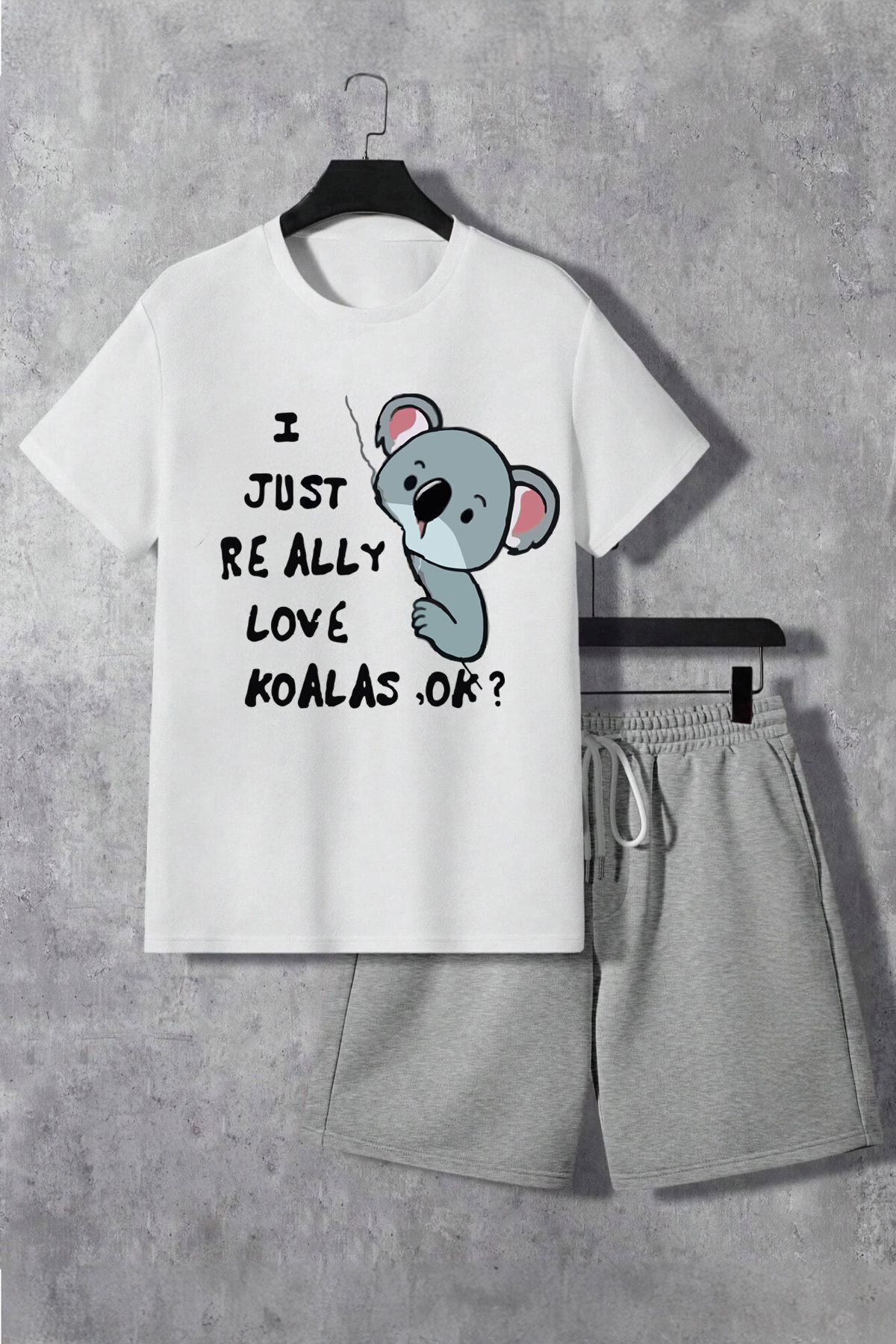 Boi Koala T-Shirt Şort - Beyaz Gri Şortlu Tişört Alt Üst Takım Baskılı Bisiklet Yaka