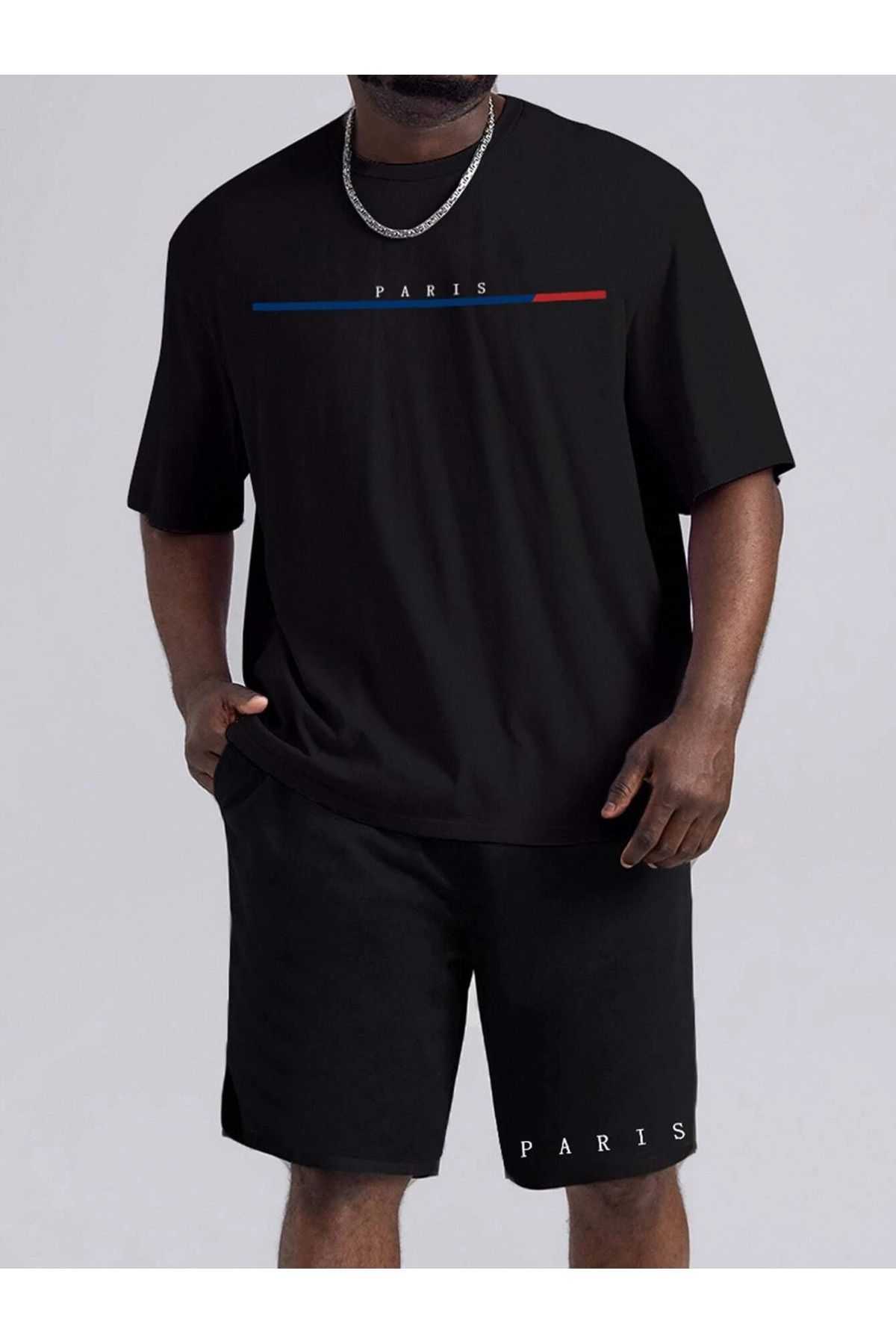 Boi Paris Çizgili T-shirt Şort Kombin Takım 2 Parça - Siyah, Baskılı, Oversize, Bisiklet Yaka