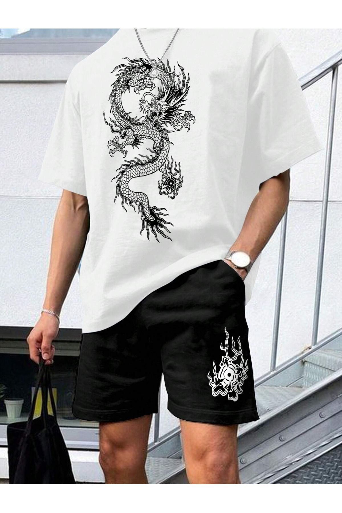 Boi Dragon T-Shirt Şort - Beyaz Siyah Şortlu Tişört Alt Üst Takım Baskılı Bisiklet Yaka
