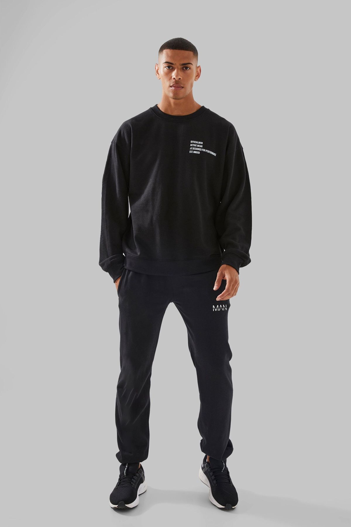Boi Offical Man Eşofman Takımı - Siyah Baskılı Takım Jogger Sweatshirt Lastik Paça Bisiklet Yaka