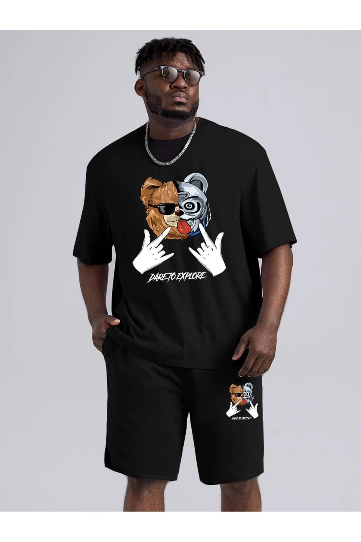 Boi Dareto Explore Bear T-shirt Şort Kombin Takım 2 Parça- Siyah, Baskılı, Oversize, Bisiklet Yaka