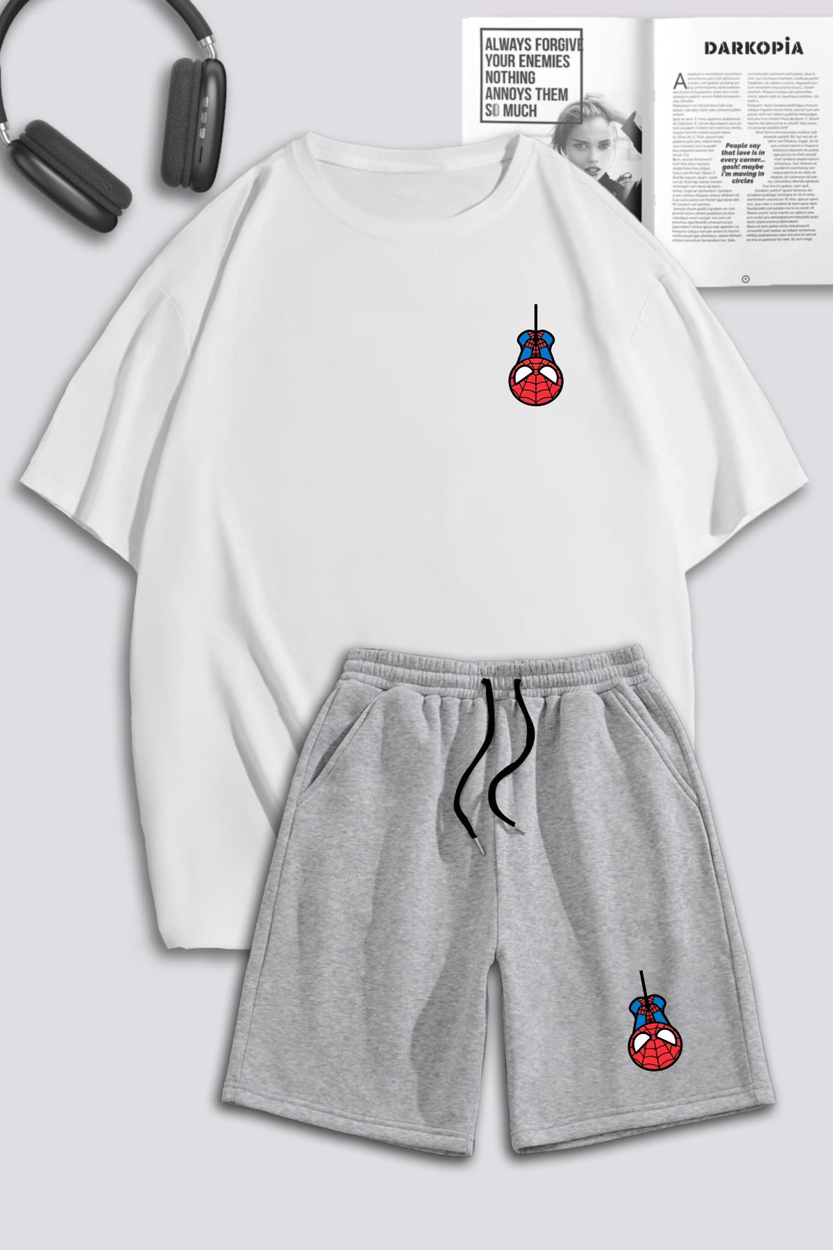 Boi Beyaz Gri Mini Spider T-Shirt Şort Kombin Takım - Baskılı Oversize Bisiklet Yaka