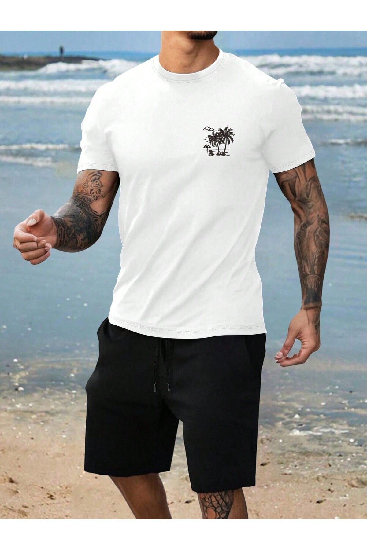 Boi Palmiye Tasarım T-Shirt Şort - Beyaz Siyah Şortlu Tişört Alt Üst Takım Baskılı Bisiklet Yaka