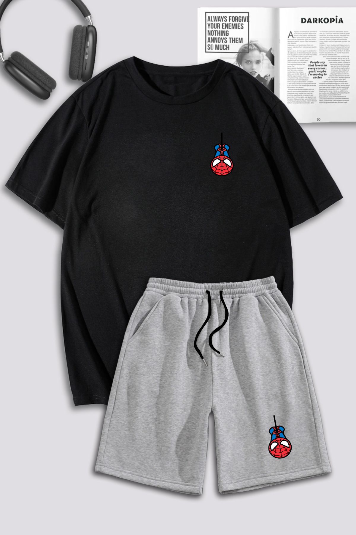 Boi Siyah Gri Mini Spider T-Shirt Şort Kombin Takım - Baskılı Oversize Bisiklet Yaka