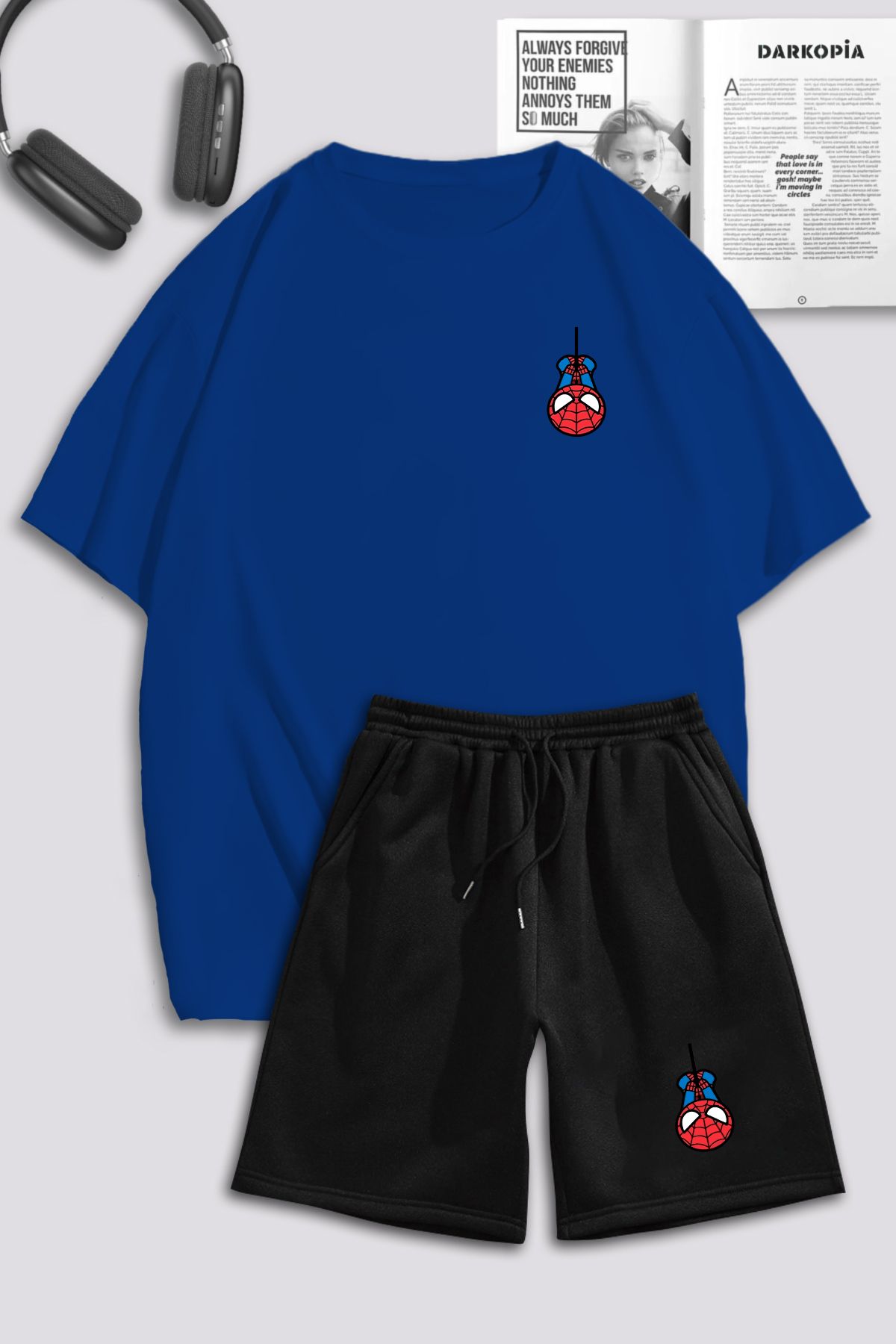 Boi Sax Mavi Siyah Mini Spider T-Shirt Şort Kombin Takım - Baskılı Oversize Bisiklet Yaka