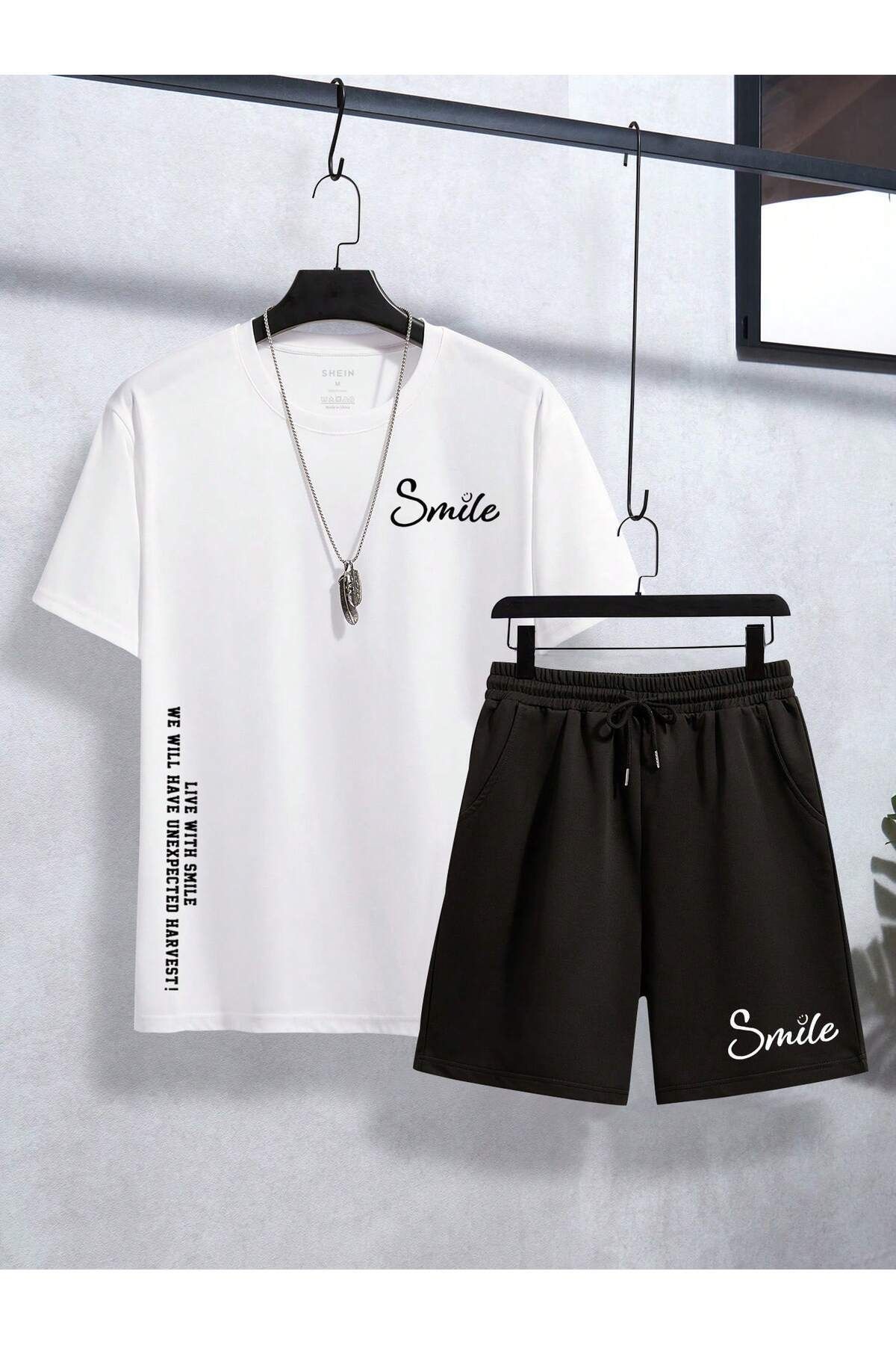 Boi Live With Smile T-Shirt Şort - Beyaz Siyah Şortlu Tişört Alt Üst Takım Baskılı Bisiklet Yaka