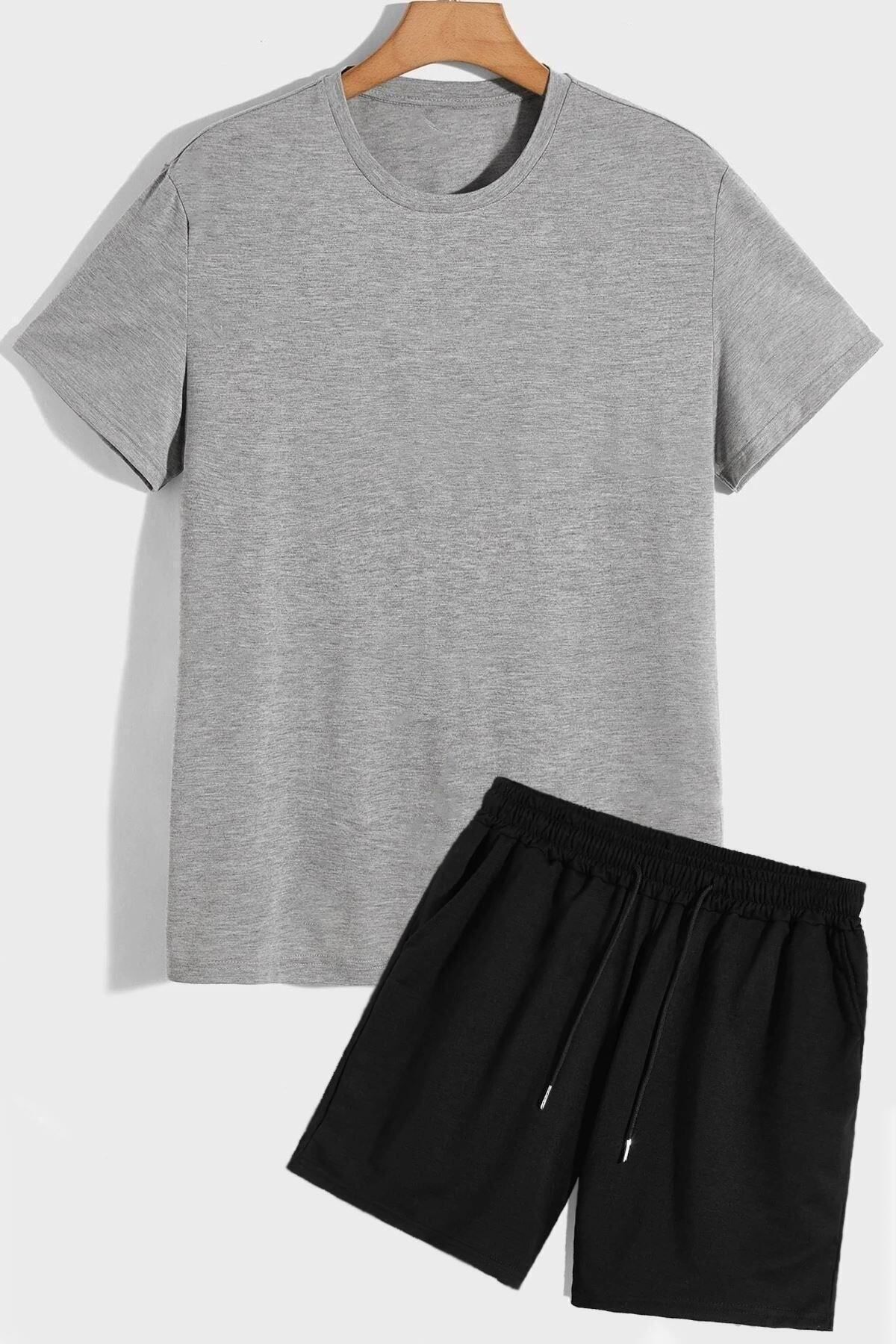 Boi Gri Siyah Basic T-Shirt Şort Kombin Takım - Oversize Bisiklet Yaka