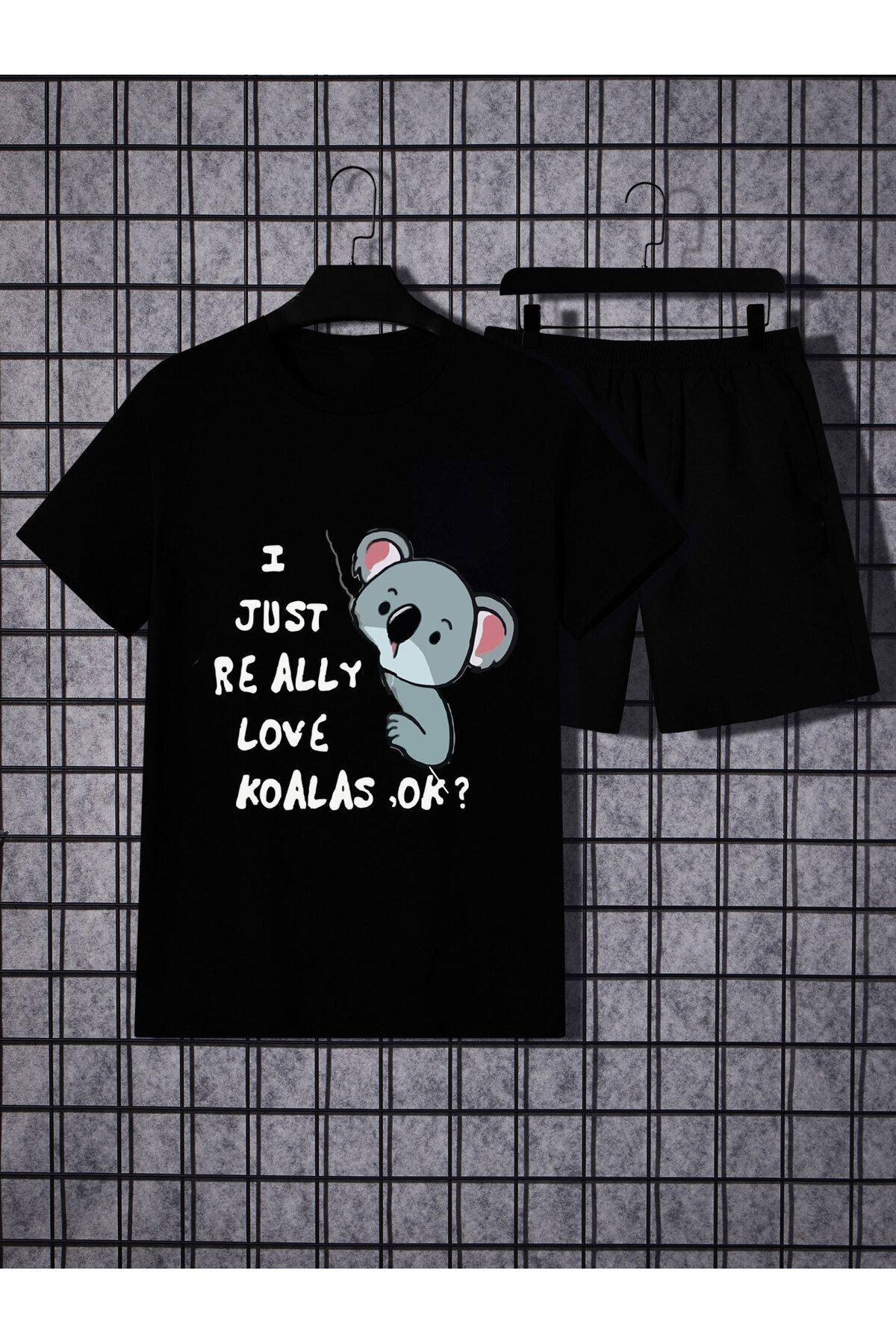 Boi Koala T-Shirt Şort - Siyah Şortlu Tişört Alt Üst Takım Baskılı Bisiklet Yaka