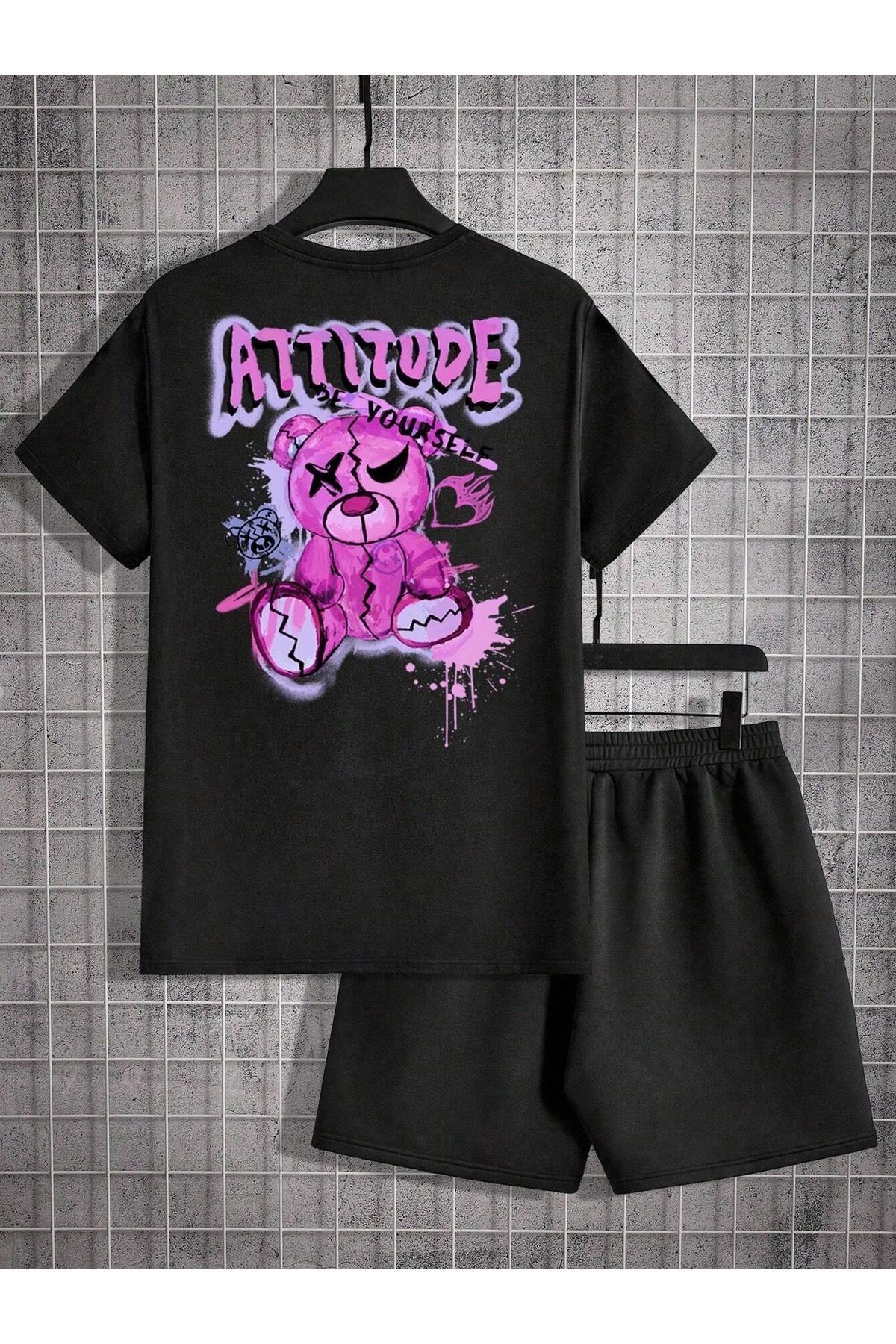 Boi Attitude Bear T-Shirt Şort - Siyah Şortlu Tişört Alt Üst Takım Baskılı Bisiklet Yaka