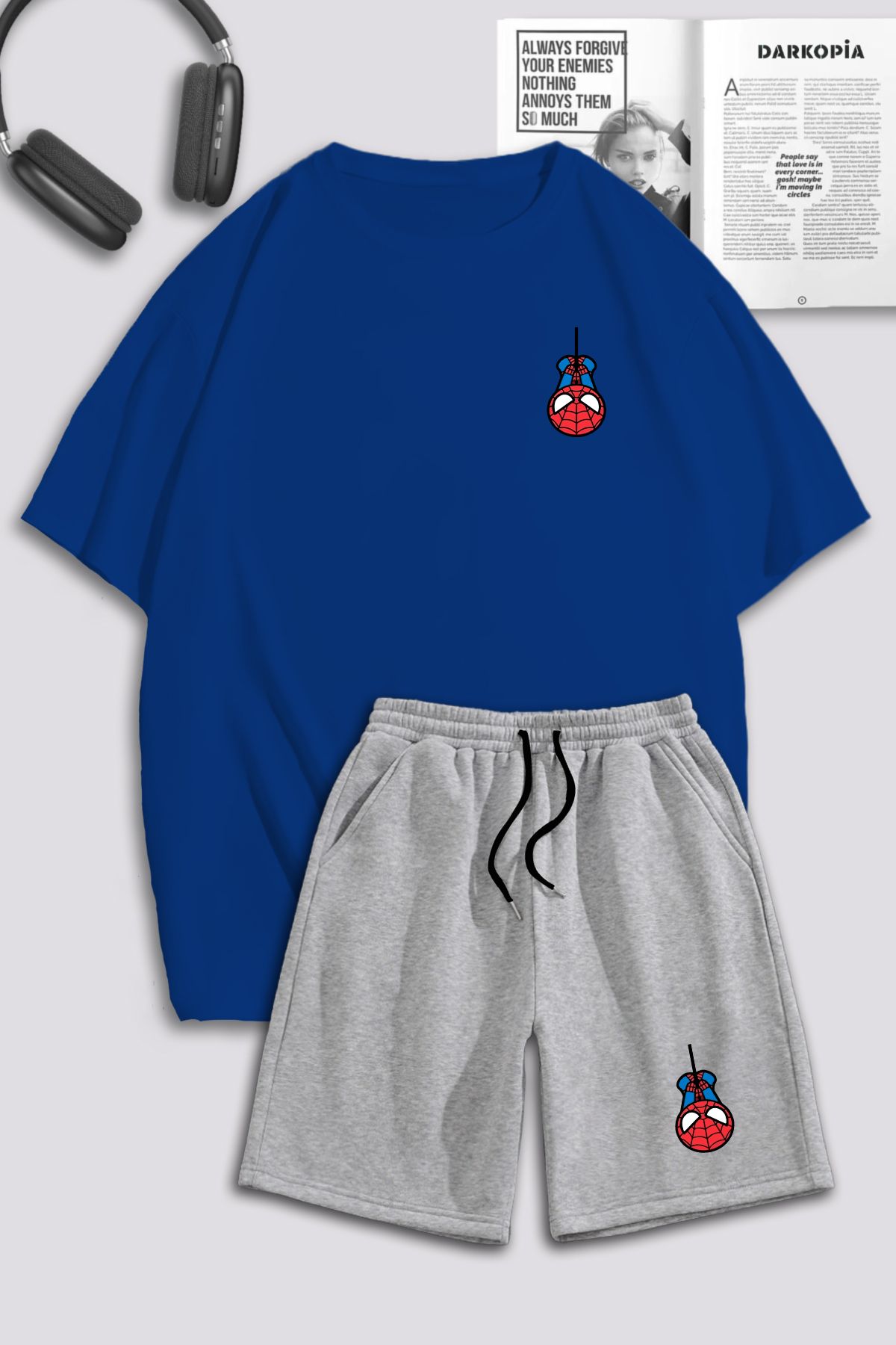 Boi Sax Mavi Gri Mini Spider T-Shirt Şort Kombin Takım - Baskılı Oversize Bisiklet Yaka
