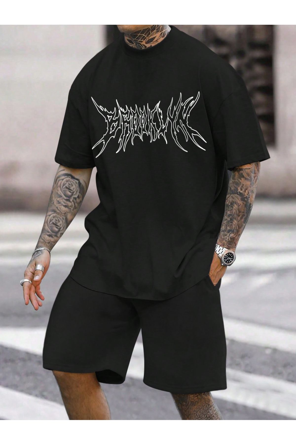 Boi Karışık Desen T-Shirt Şort - Siyah Şortlu Tişört Alt Üst Takım Baskılı Bisiklet Yaka