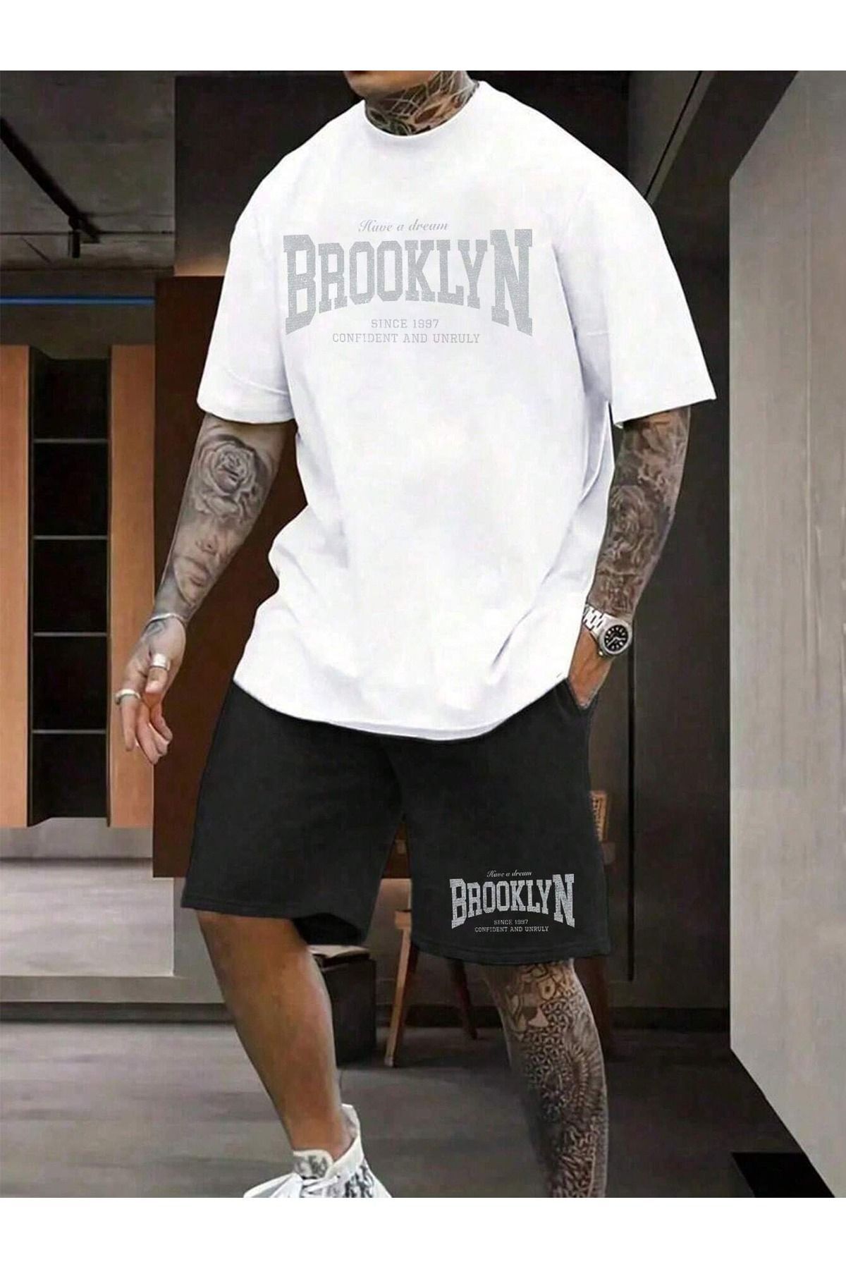 Boi Brooklyn Yazı Tasarım T-Shirt Şort - Beyaz Siyah Şortlu Tişört Alt Üst Takım Baskılı Bisiklet Yaka