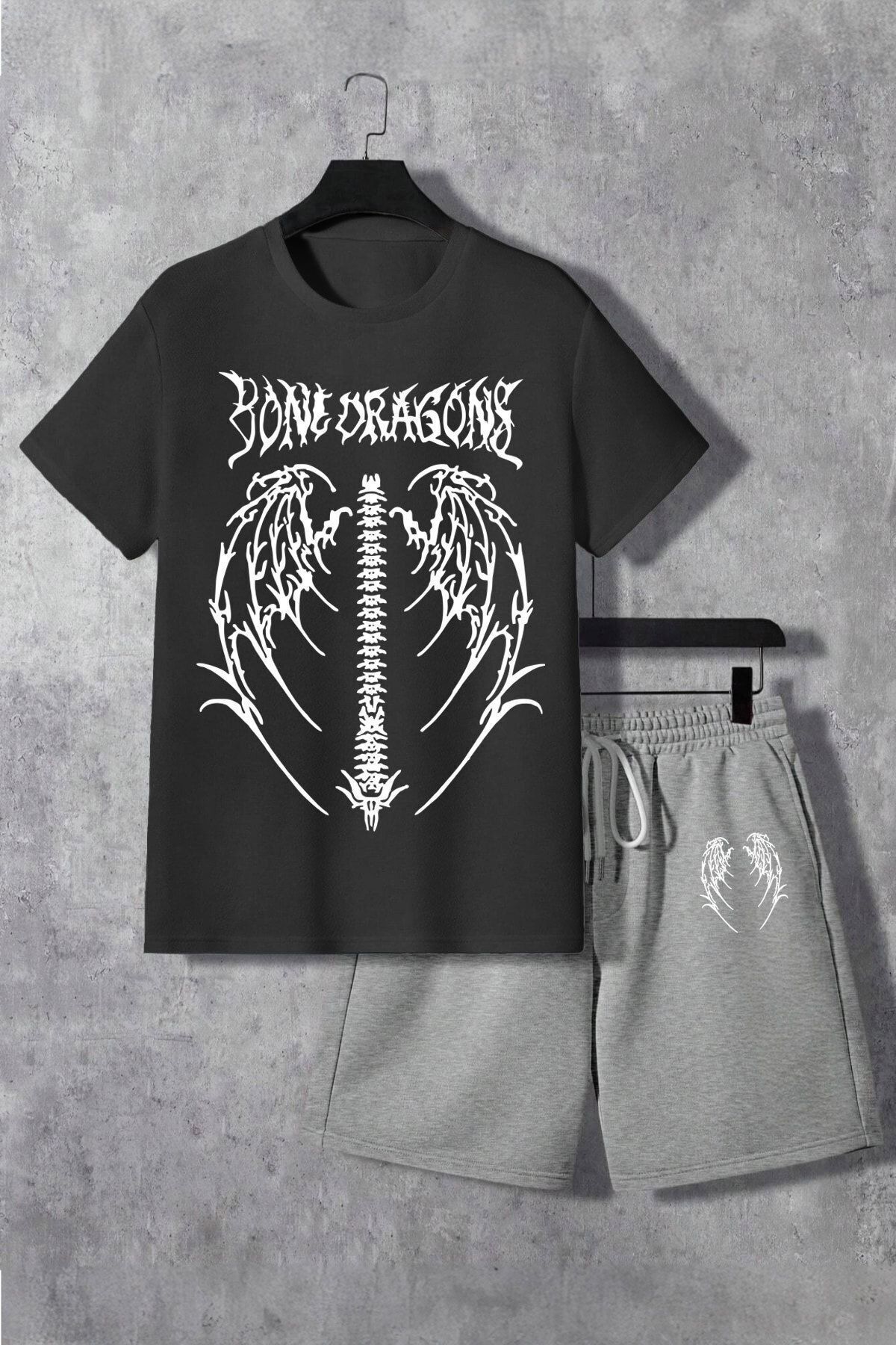 Boi Bone Dragons T-Shirt Şort - Siyah Gri Şortlu Tişört Alt Üst Takım Baskılı Bisiklet Yaka