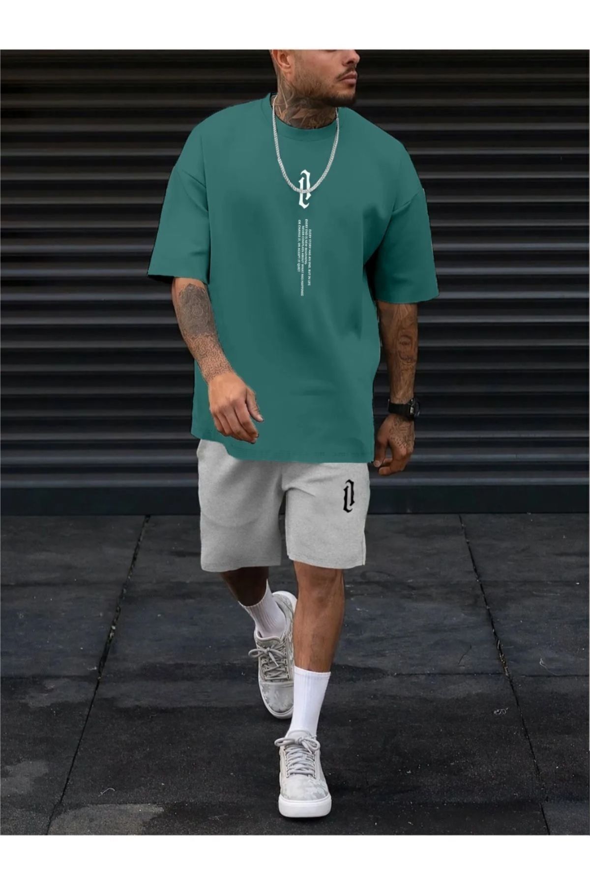 Boi Yeşil Gri Dikey Tasarım T-Shirt Şort Kombin Takım - Baskılı Oversize Bisiklet Yaka