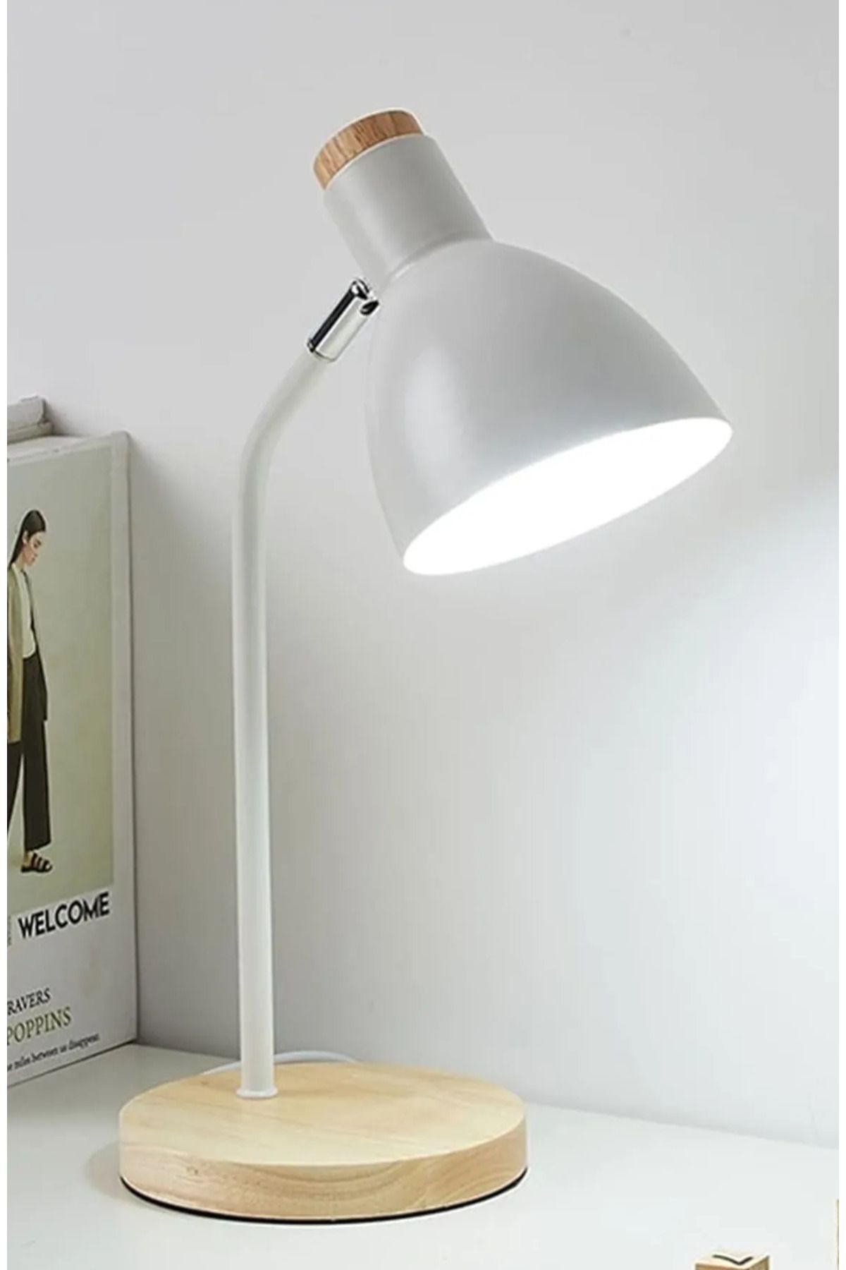 Home USB LED Masa Lambası Beyaz Ahşap Tabanlı Modern Dekoratif, Şık Esnek Boyunlu