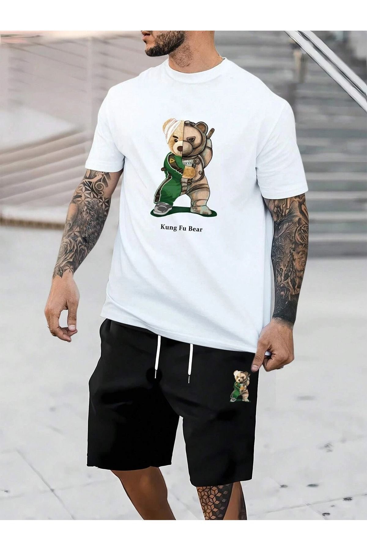 Boi Kung Fu Bear T-Shirt Şort - Beyaz Siyah Şortlu Tişört Alt Üst Takım Baskılı Bisiklet Yaka