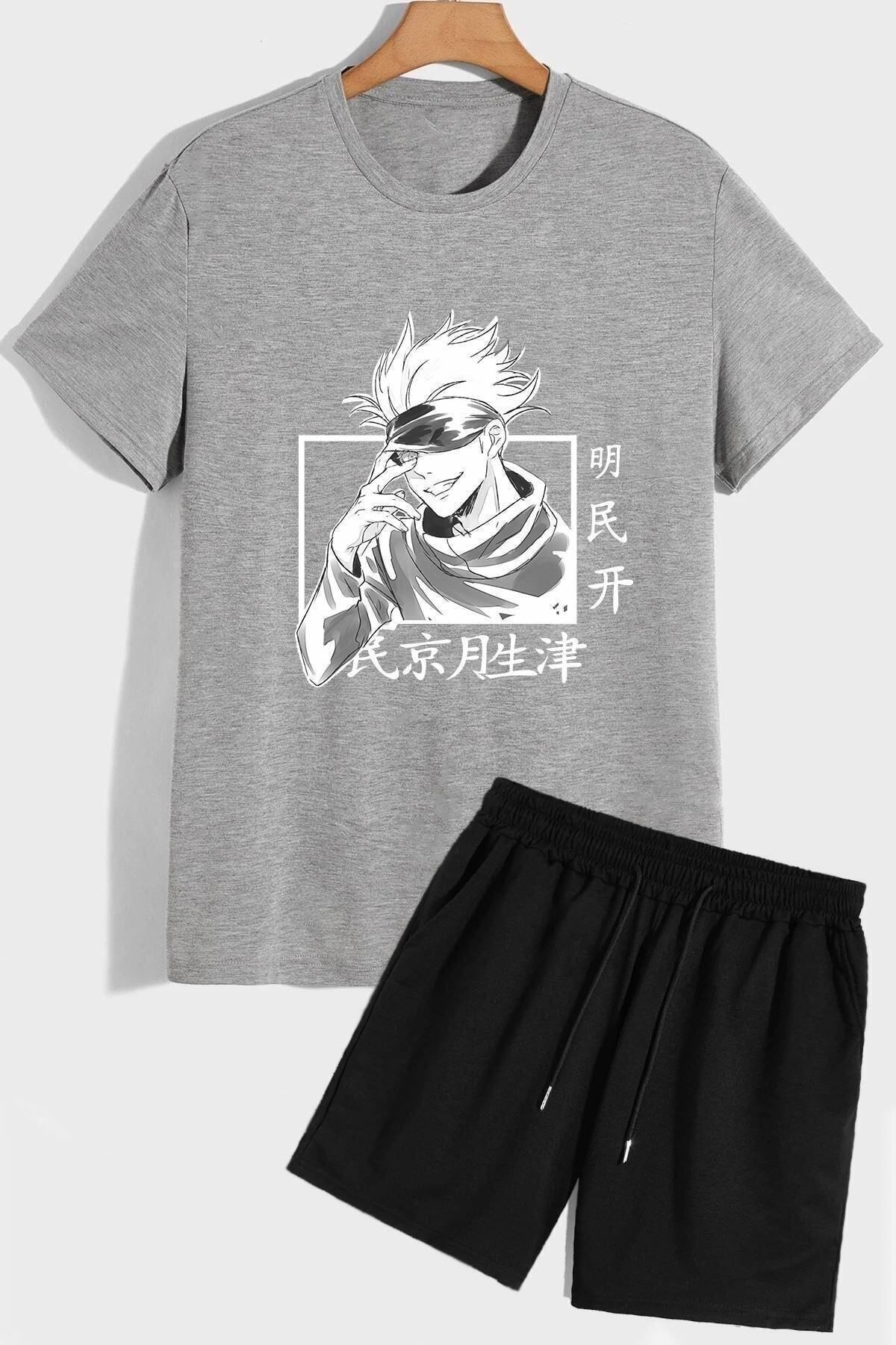 Boi Gri Siyah Anime Jujutsu T-Shirt Şort Kombin Takım - Baskılı Oversize Bisiklet Yaka